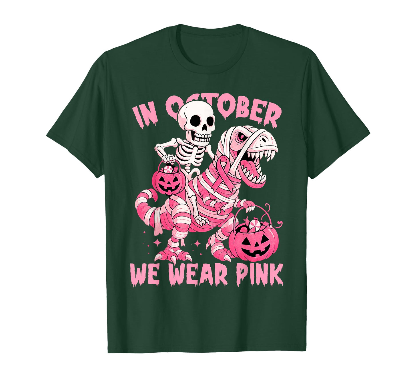 in October We Wear Pink Skeleton Riding Mummy T Rex Dinosaur T-Shirt