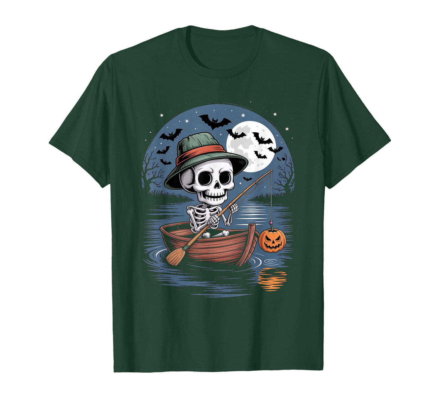 Funny Skeleton Fishing Halloween Costume Pumpkin Fisherman T-Shirt