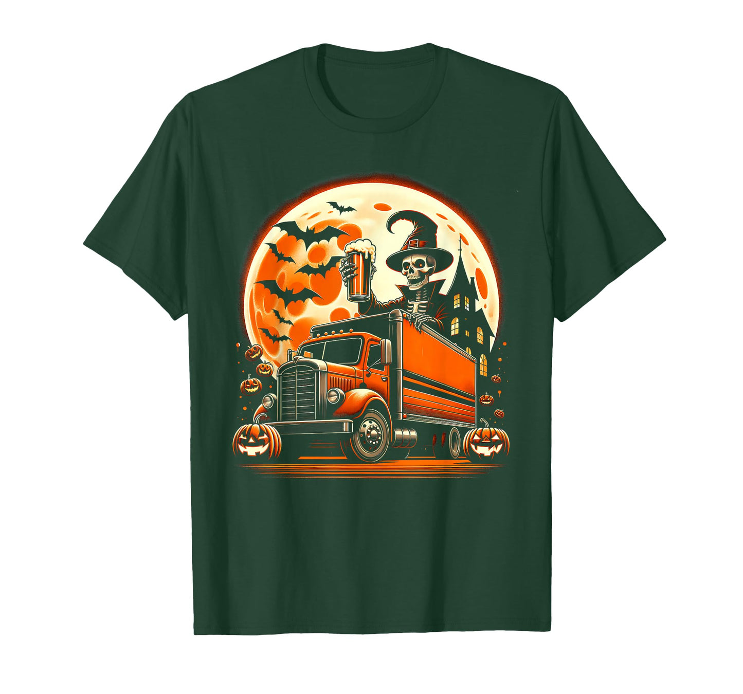 Funny Skeleton Drinking Beer On Truck Pumpkins Halloween T-Shirt