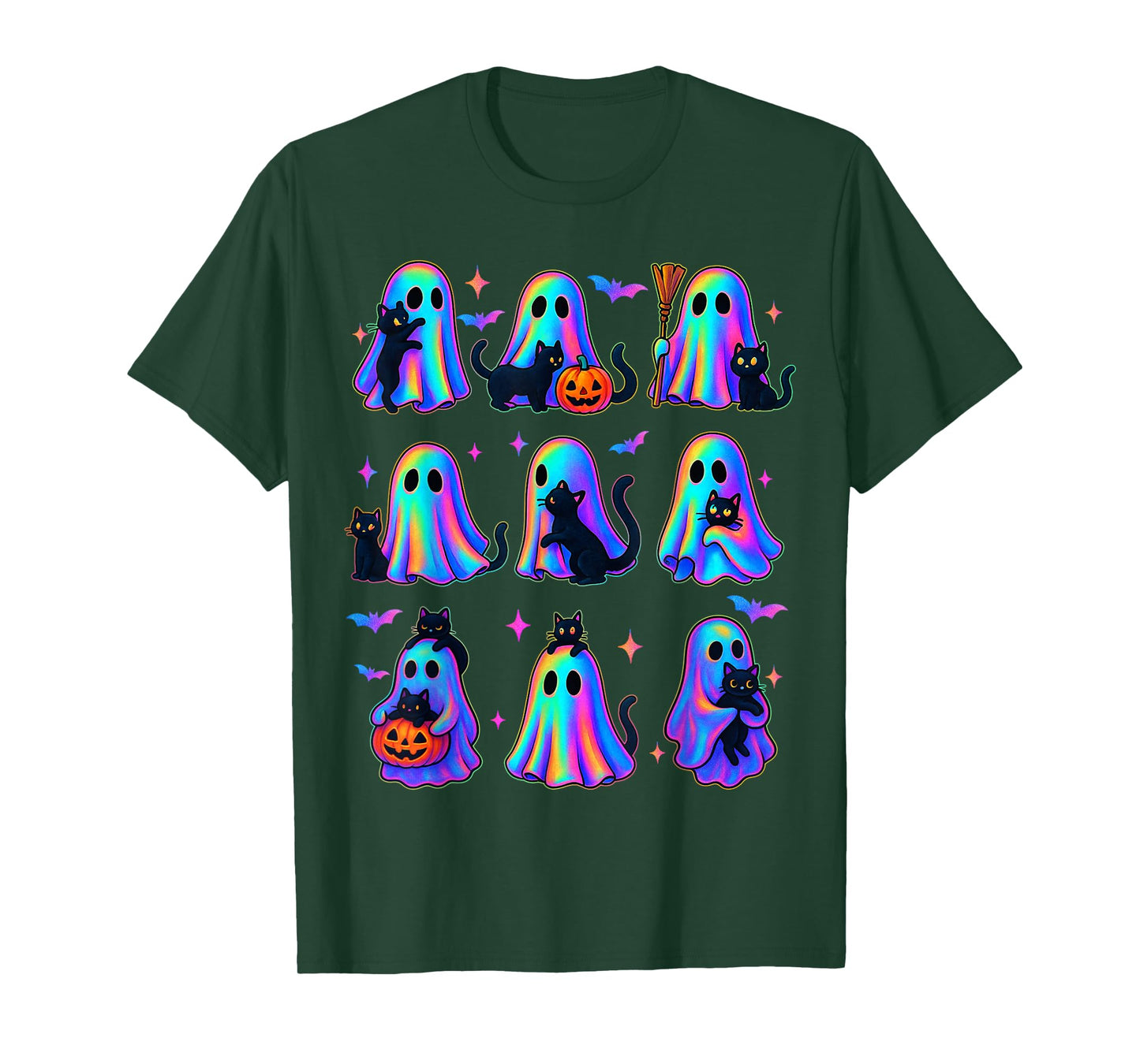 Floral Color Ghost Holding A Black Cat Lazy Spooky Halloween T-Shirt