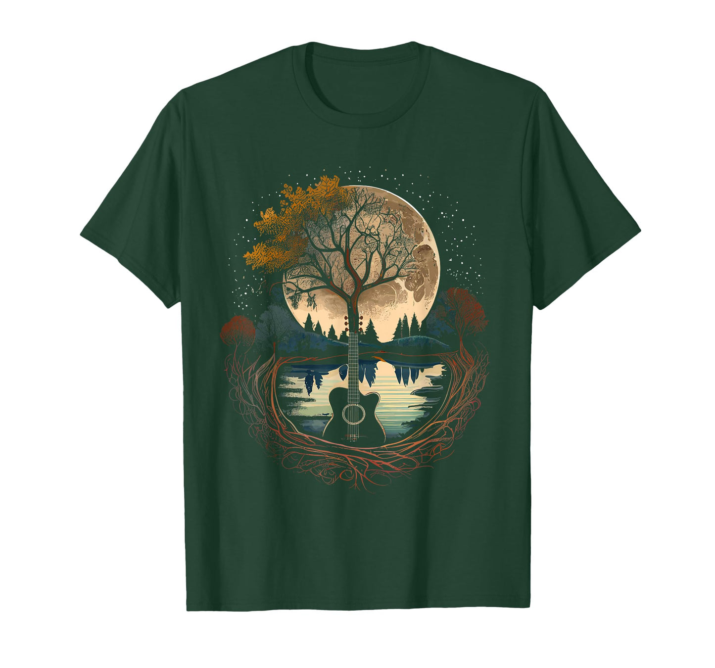 Acoustic Guitar Tree and Moon By The Lake Guitarist T-Shirt
