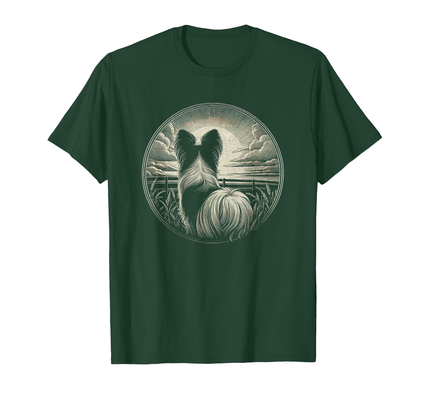 Vintage Papillon Dog Nature Scene Graphic Art Design T-Shirt