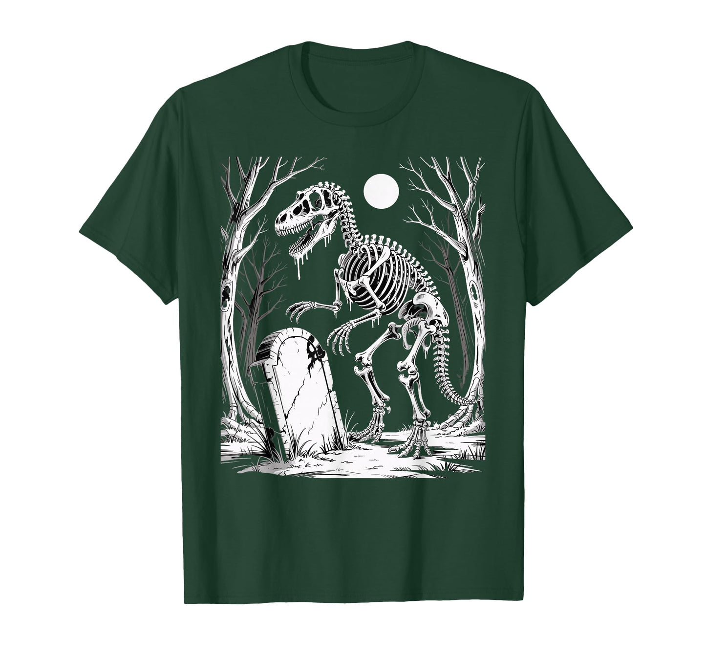 Dinosaur Skeleton in Haunted Forest Fantasy Horror Halloween T-Shirt