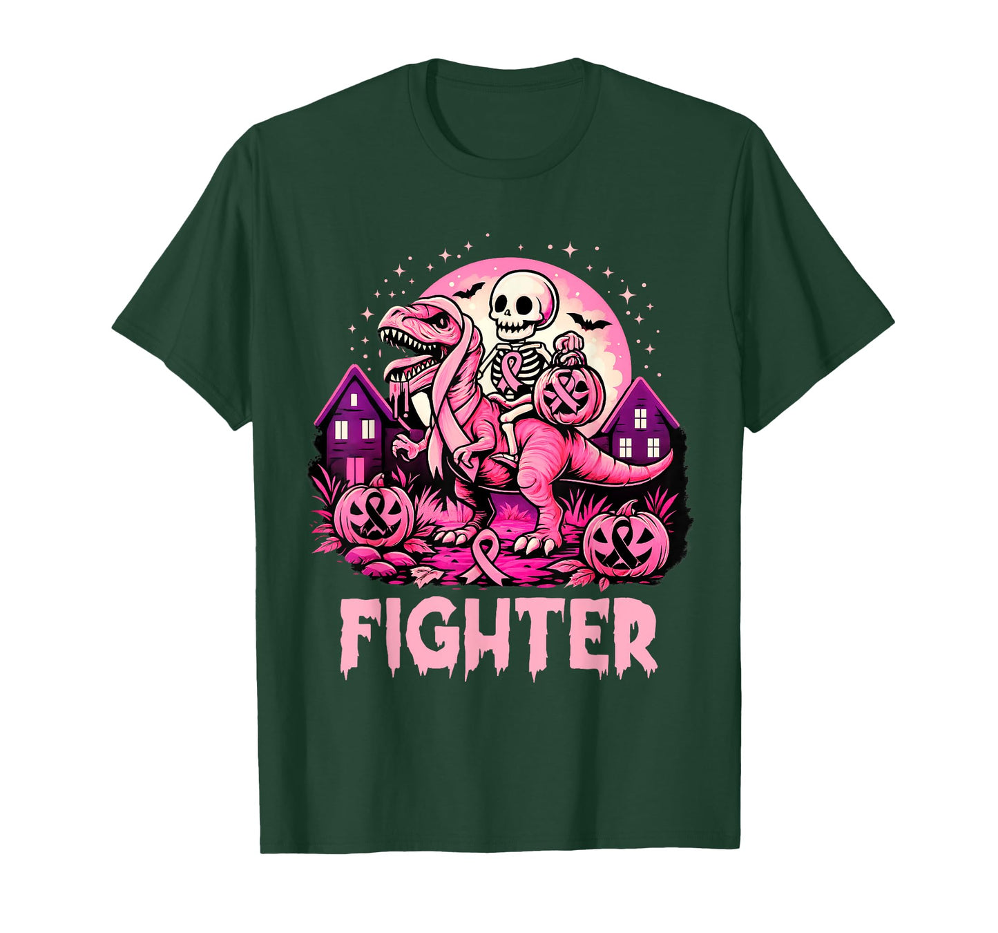 Skeleton Dinosaur T Rex Scary Pumpkin Breast Cancer Fighter T-Shirt