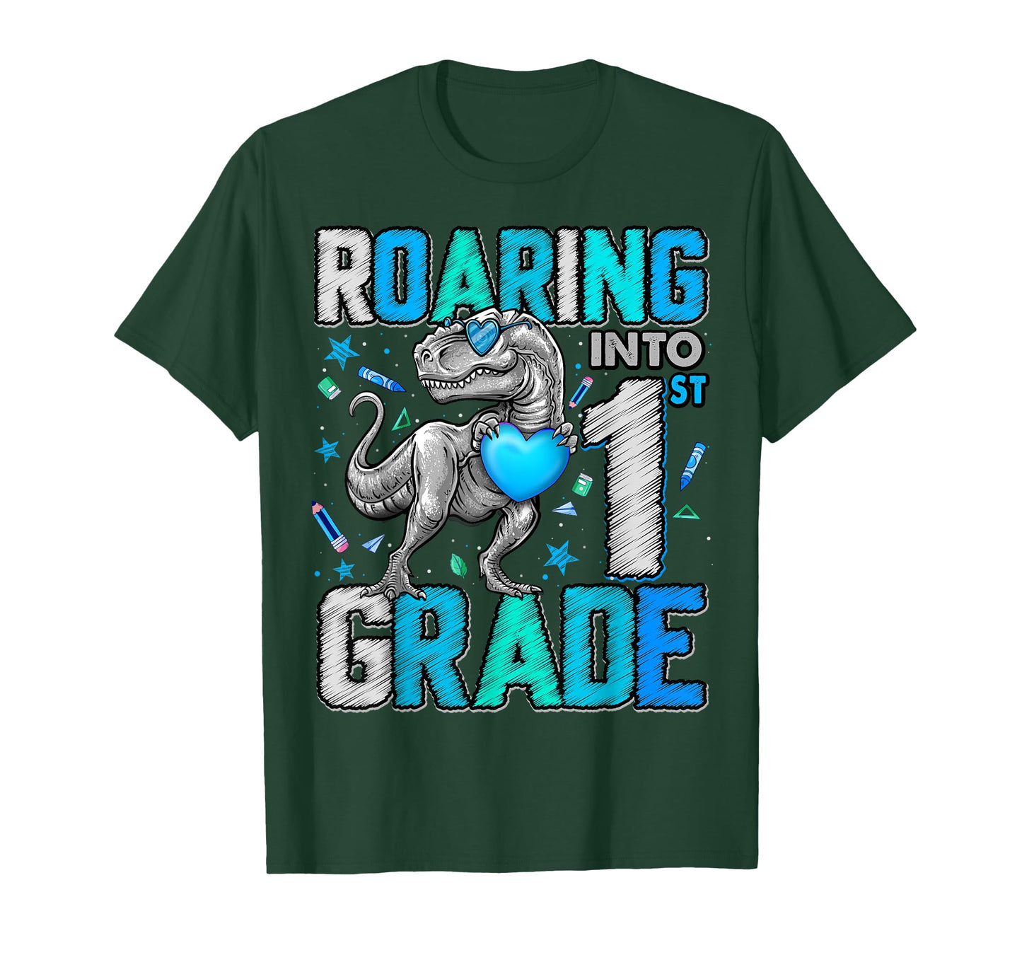 Roaring Into 1st Grade Dinosaur T Rex Back To School Boys T-Shirt