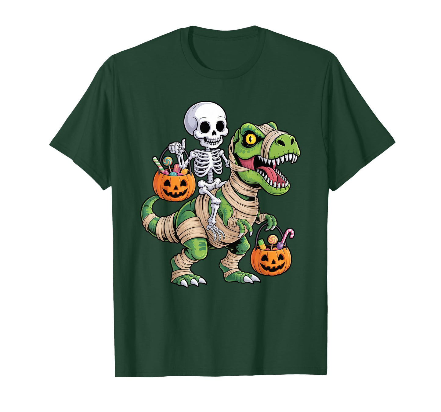 Skeleton Riding Mummy Dinosaur T rex Kids Boys Men Halloween T-Shirt