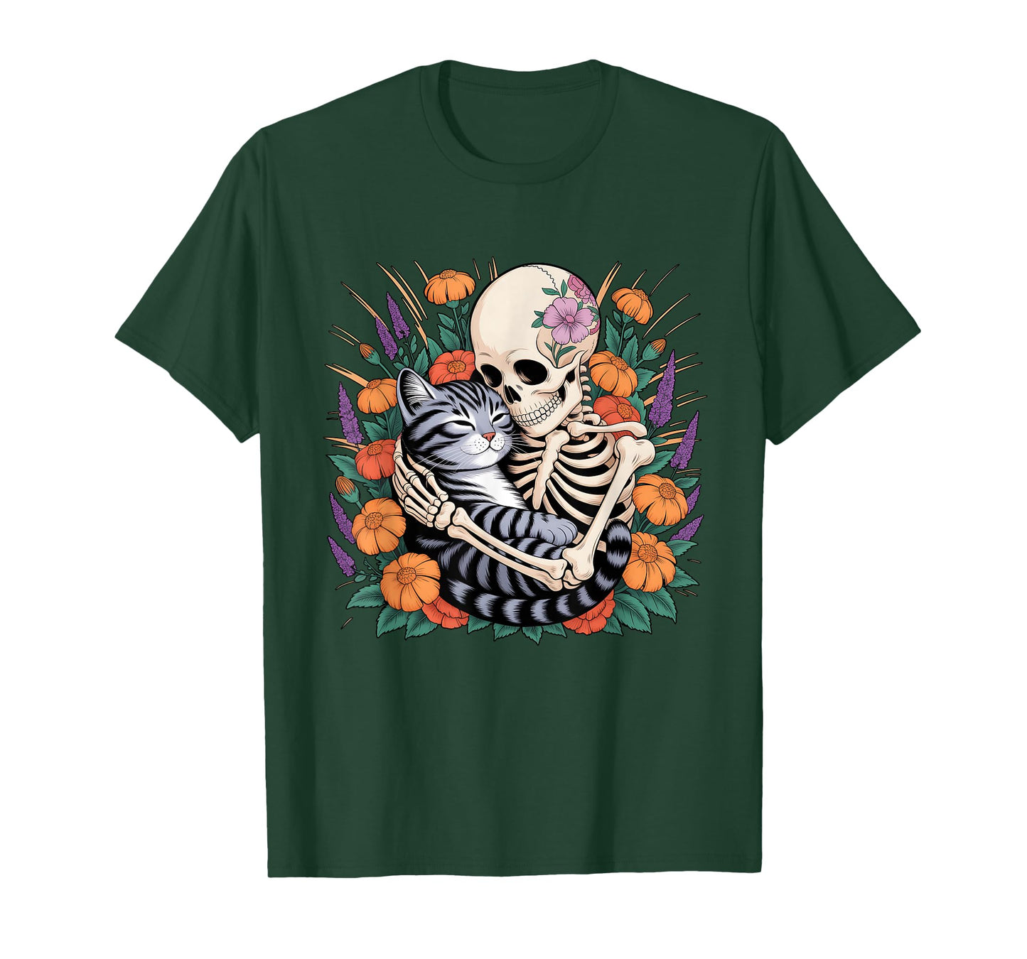 Skeleton Hugging A Cat Surrounded by Flowers Halloween Theme T-Shirt