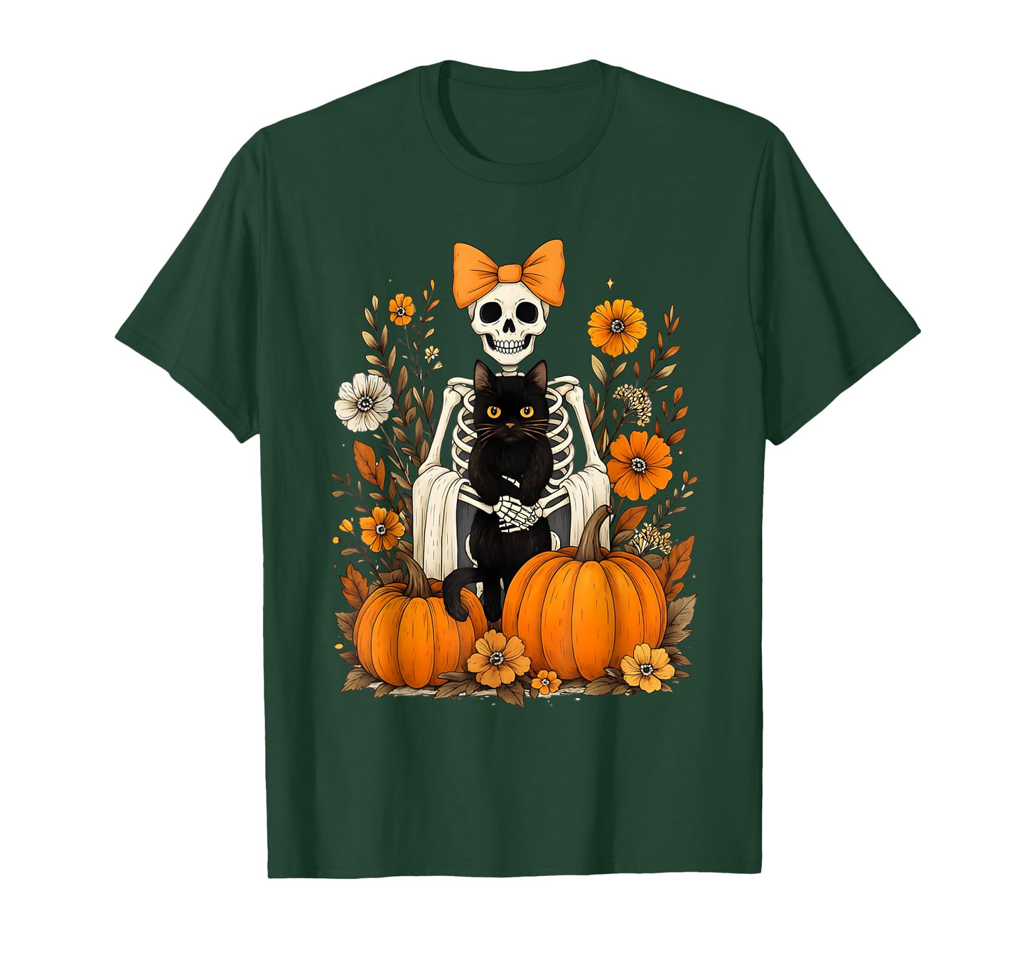 Halloween Skeleton with Black Cat Bow Autumn Pumpkins T-Shirt