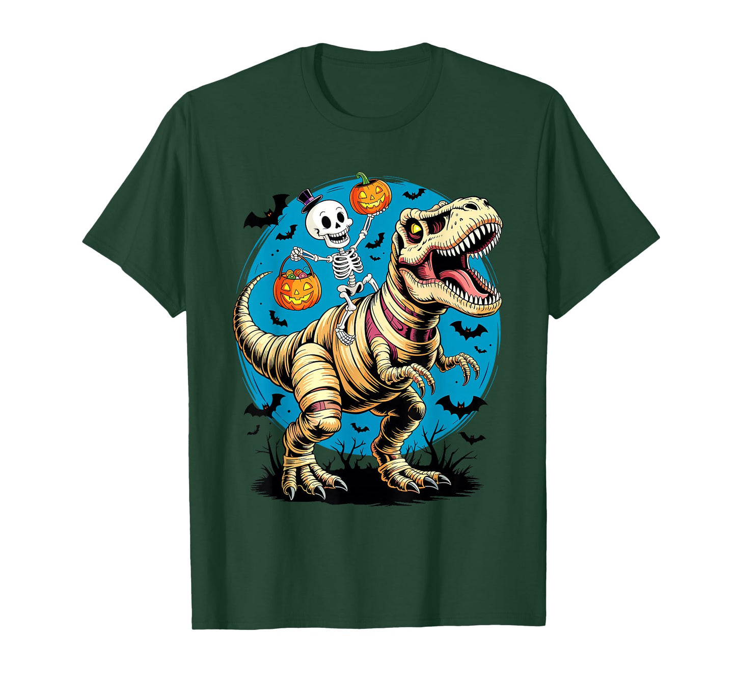 Skeleton Riding Mummy Dinosaur T rex Halloween Funny Pumpkin T-Shirt