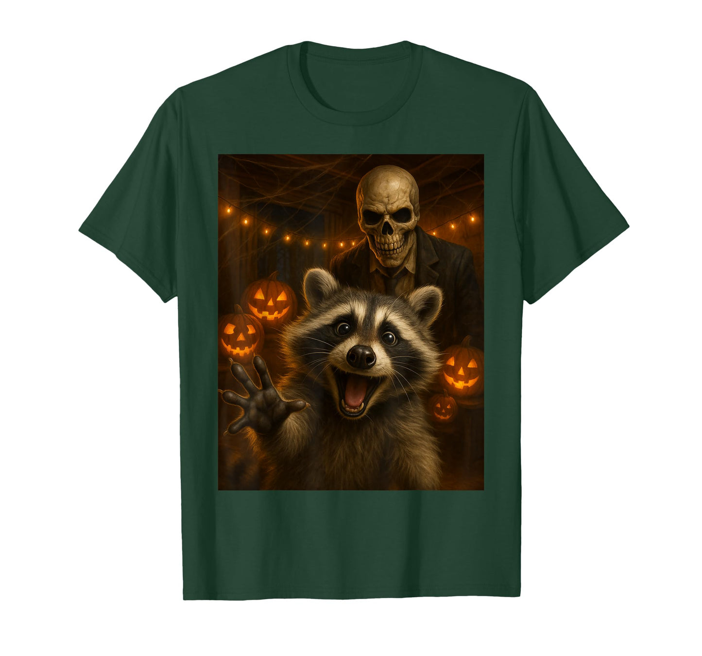 Happy Raccoon Selfie with Skeleton Funny Halloween Outfit T-Shirt
