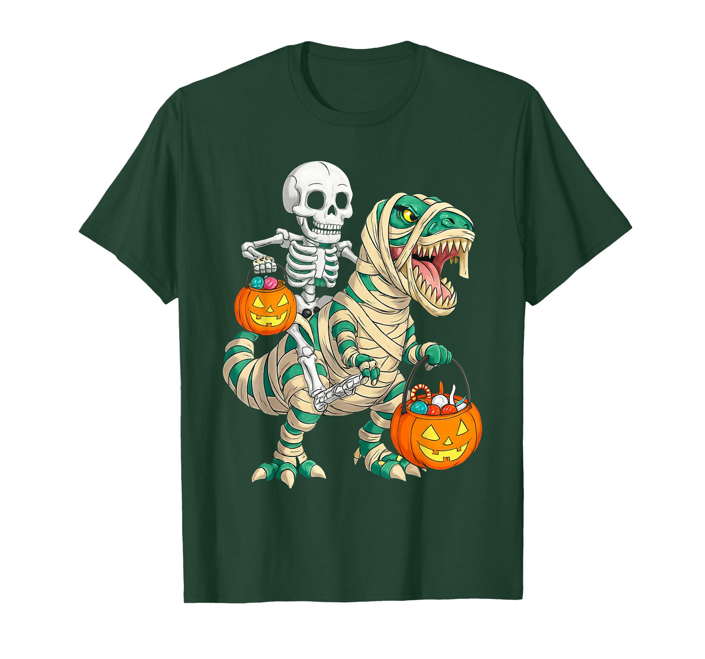 Skeleton Riding Mummy Dinosaur T rex Halloween Funny Pumpkin T-Shirt
