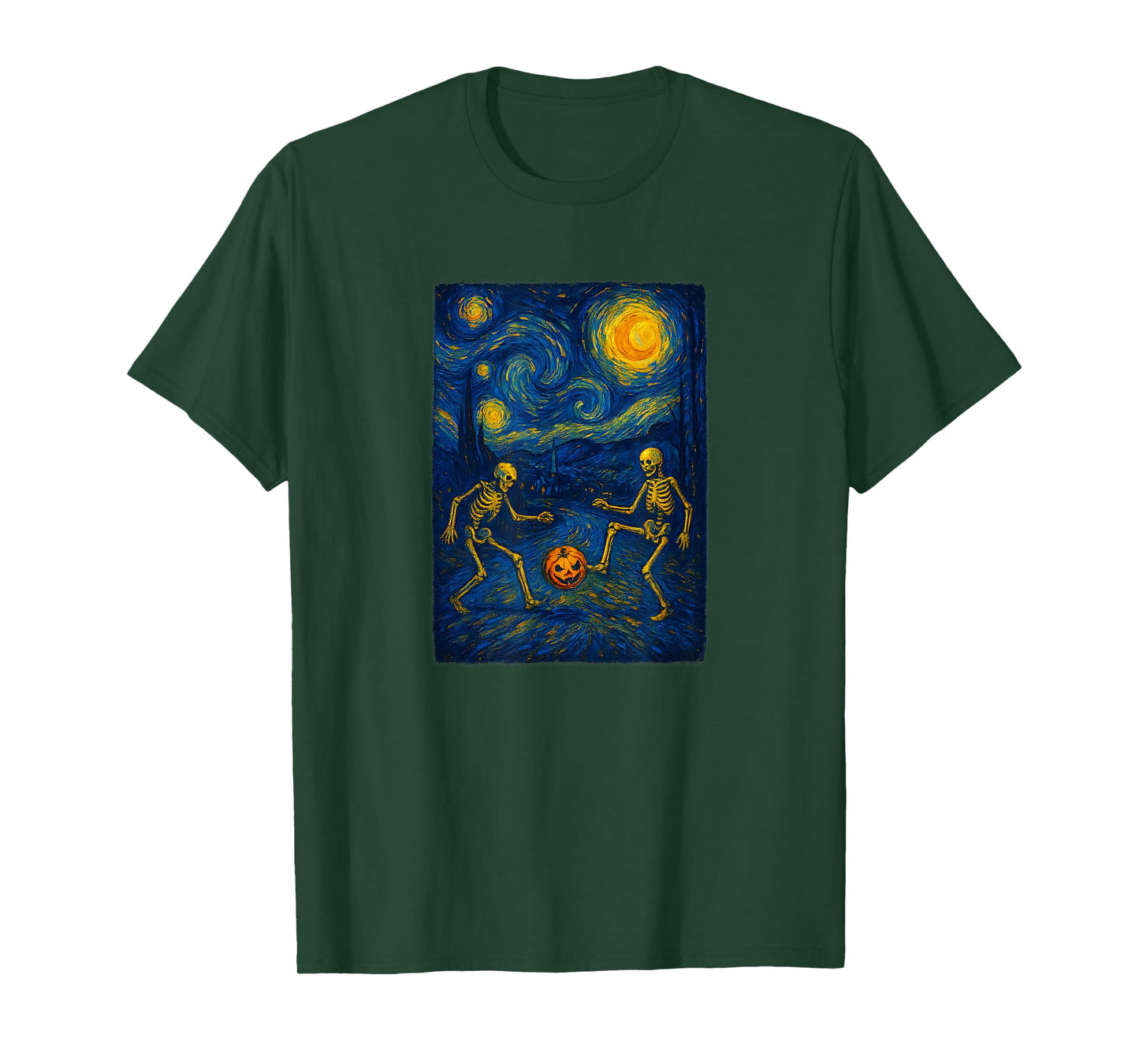 Starry Night Skeleton Pumpkin Soccer Spooky Halloween T-Shirt