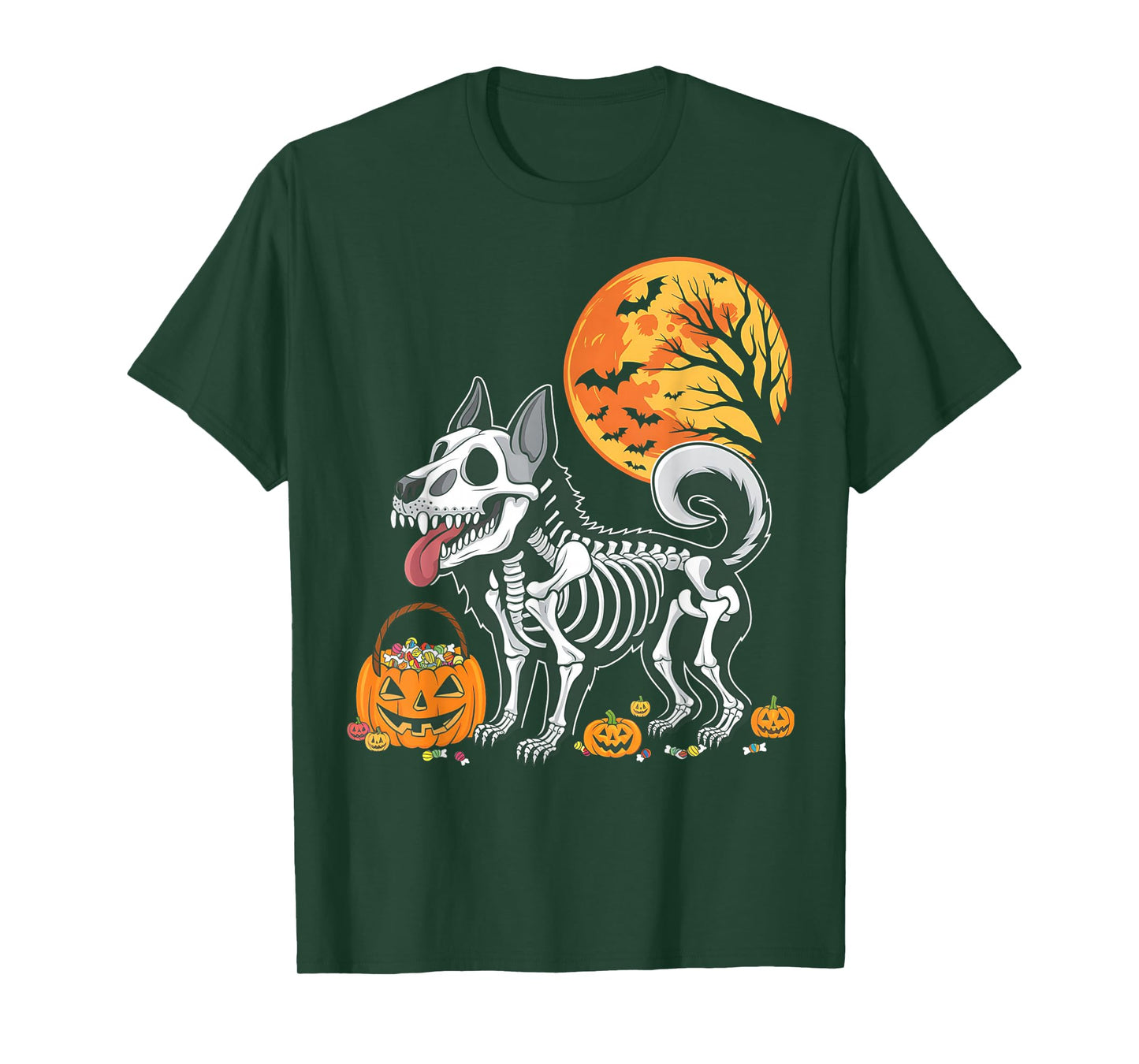 Belgian Malinois Dog Skeleton Scary Pumpkin Moon Halloween T-Shirt