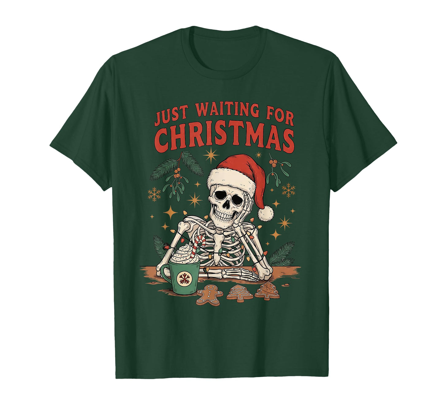 Vintage Xmas Holiday Just Waiting for Christmas Skeleton T-Shirt