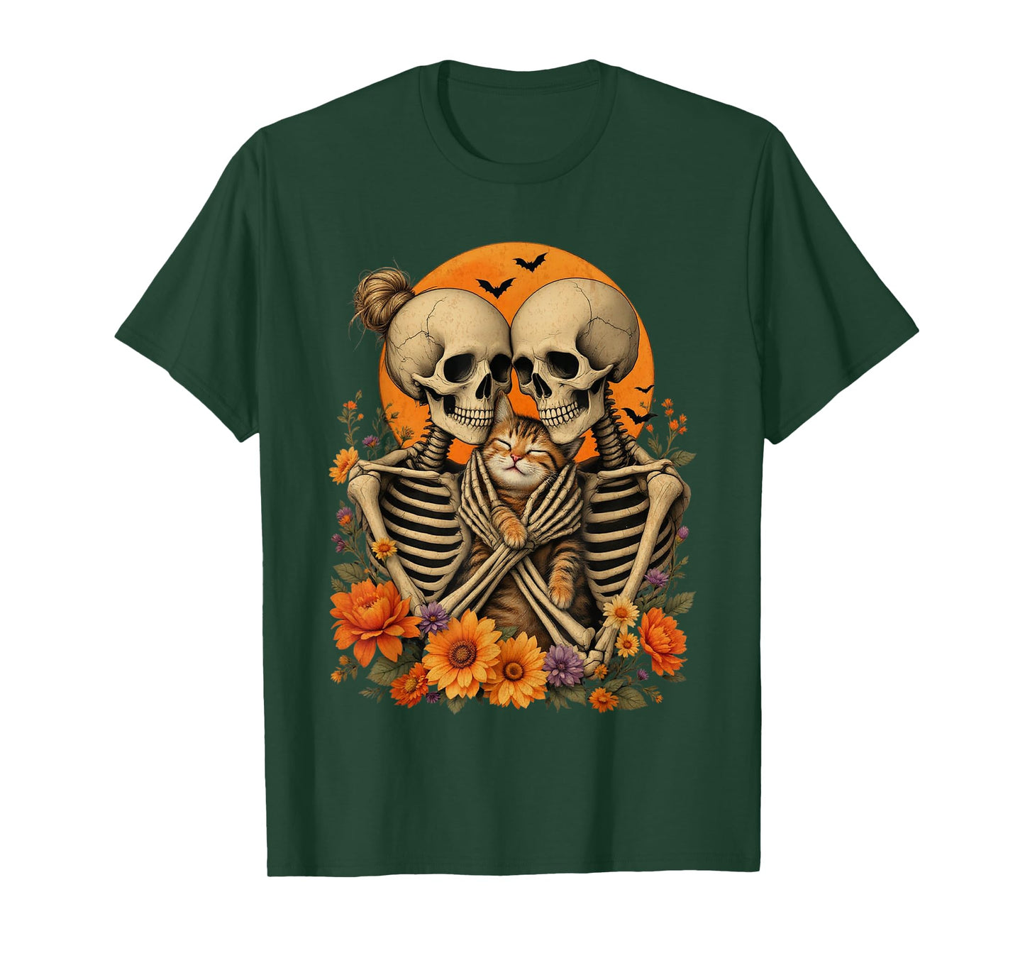 Skeleton Hugging Cat Floral Halloween Cat Lover Mom Costume T-Shirt