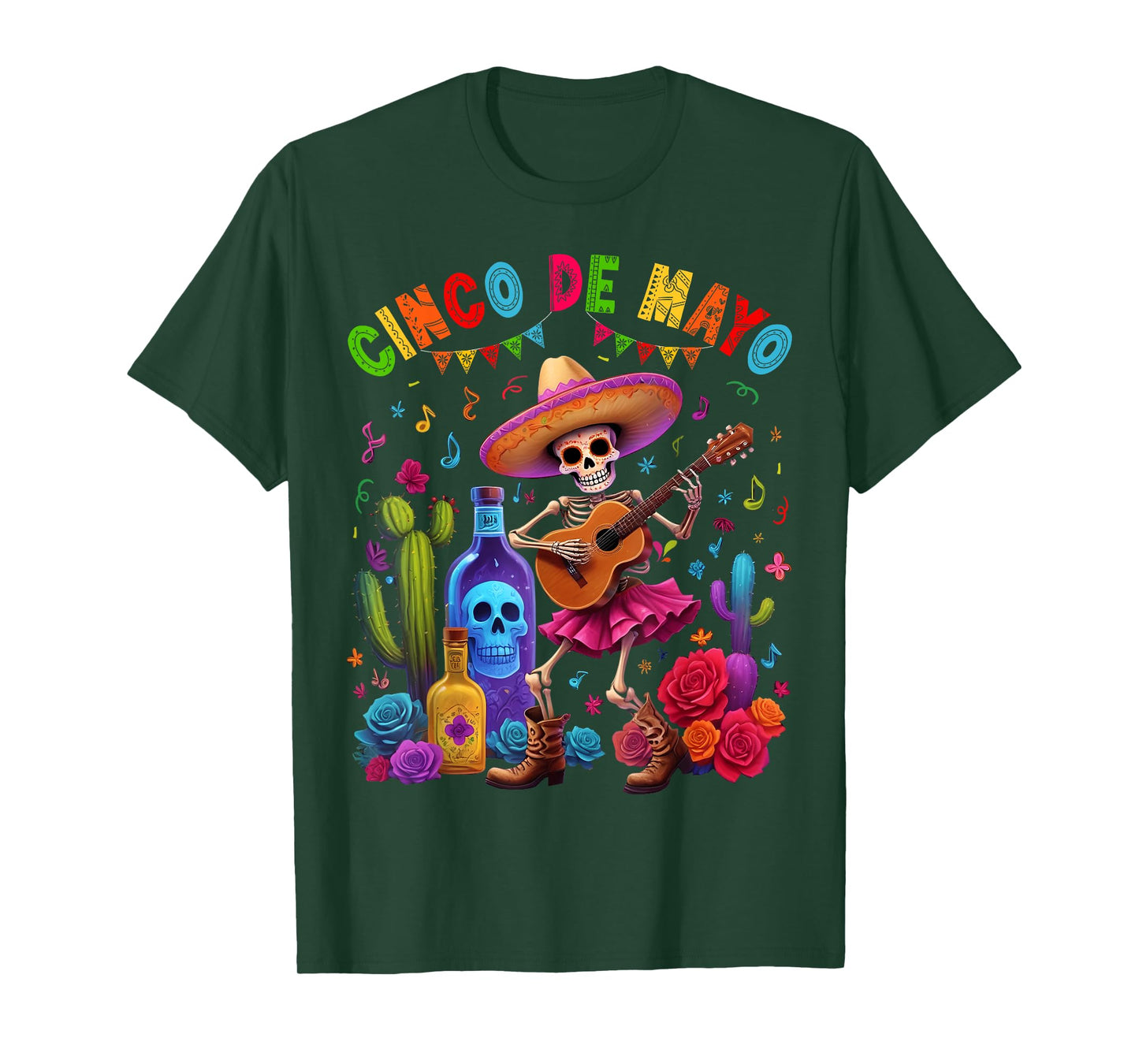 Cinco De Mayo Fiesta Funny Mexican Skeleton Guitar Men Women T-Shirt