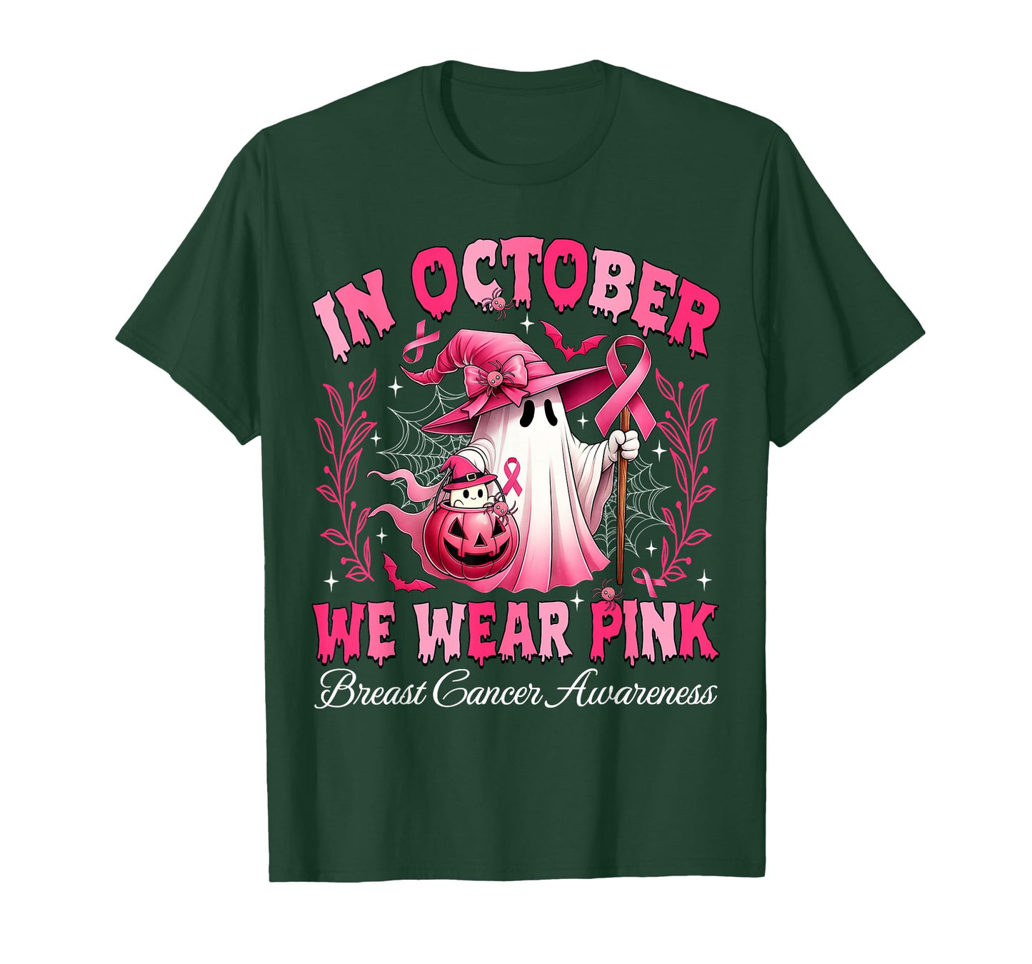 in October We Wear Pink Ghost Witch Breast Cancer Awareness T-Shirt
