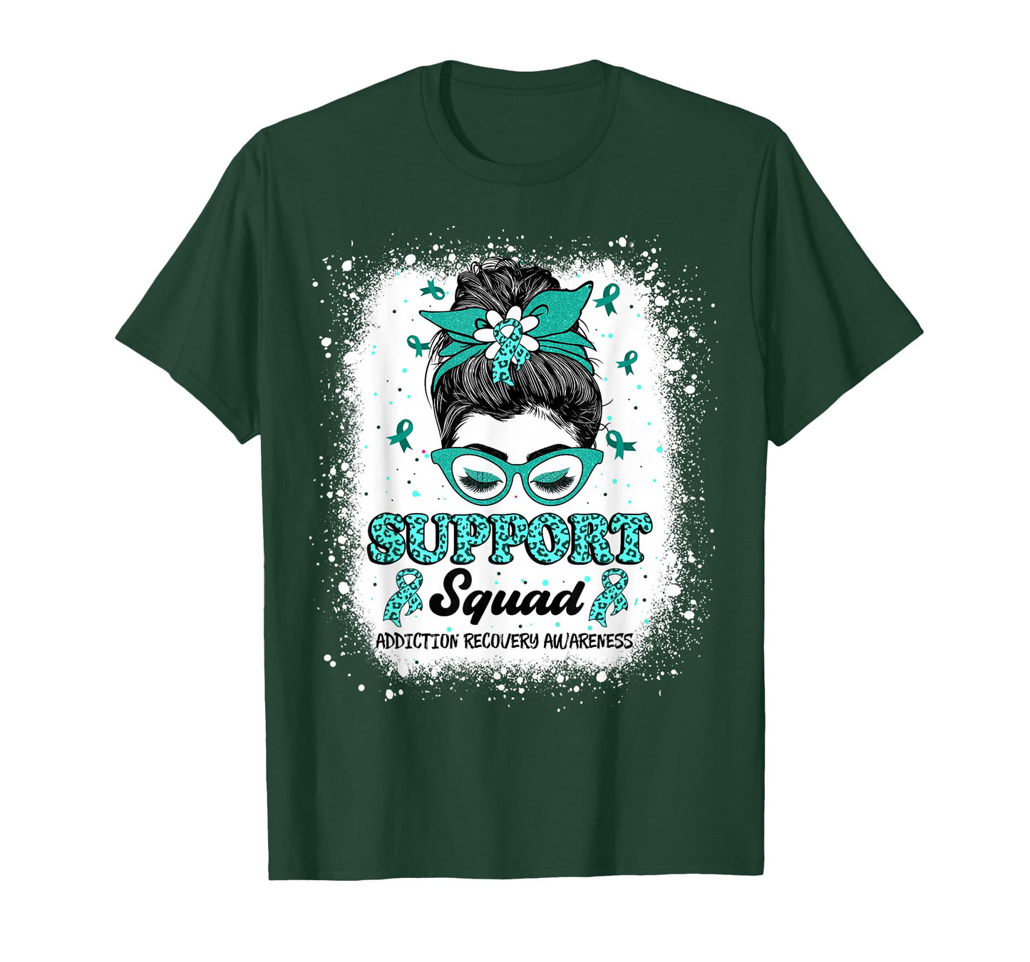 Support Squad Messy Bun Teal Ribbon Addiction Recovery T-Shirt