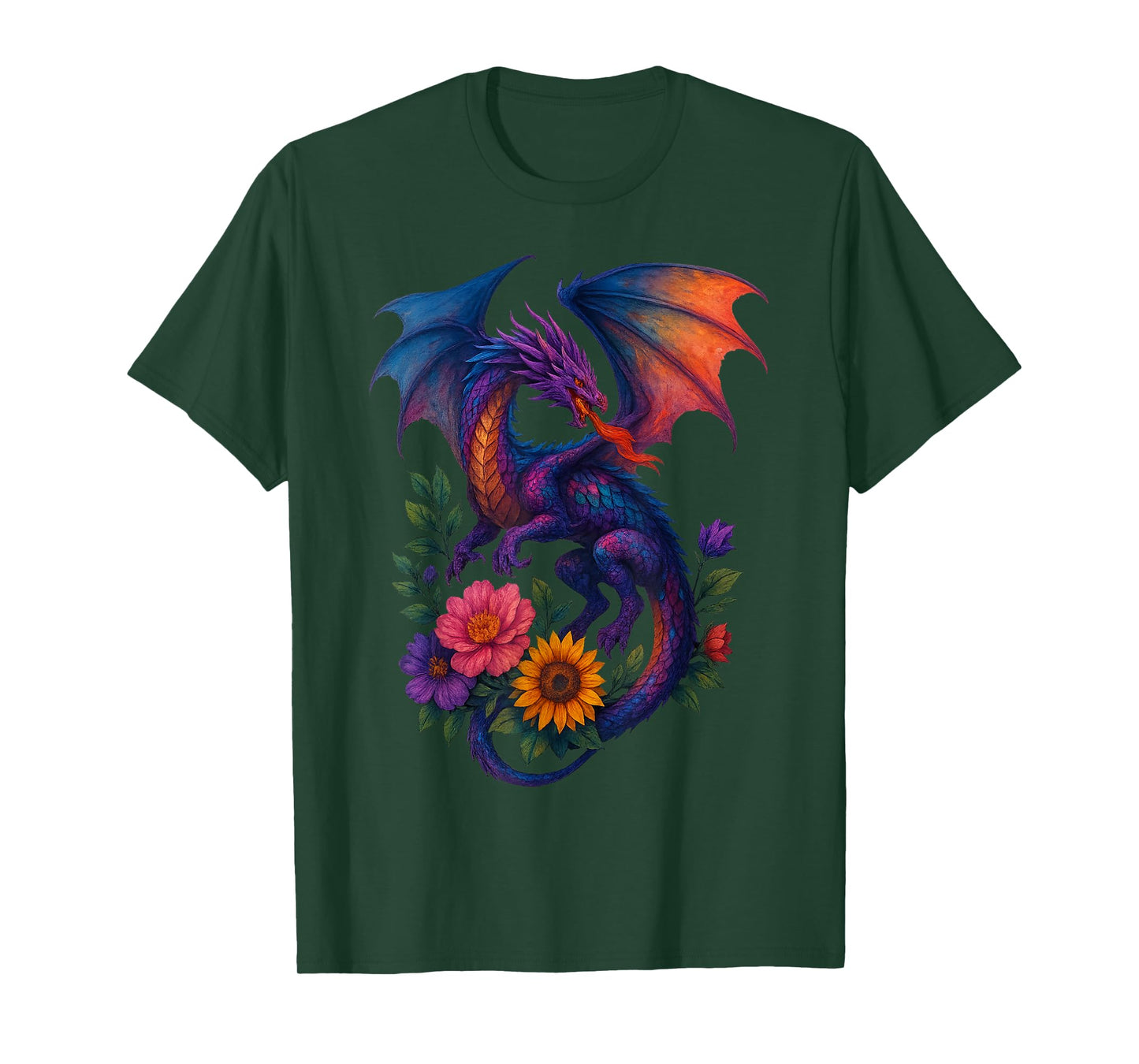 Watercolor Dragon Flowers Beautiful Art Colorful Graphic T-Shirt