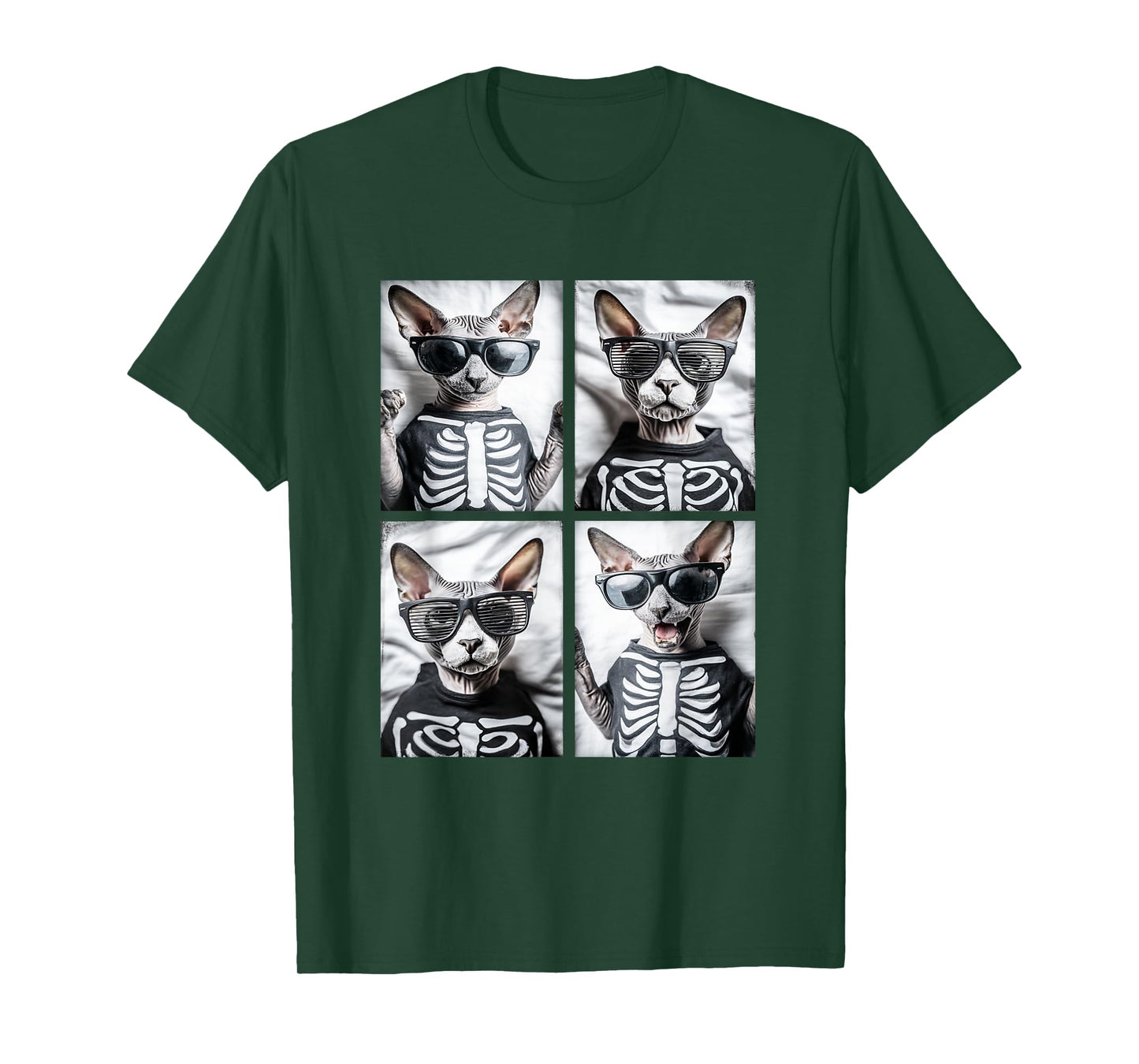 Sphynx Cats with Sunglasses Skeleton Costume Funny Halloween T-Shirt