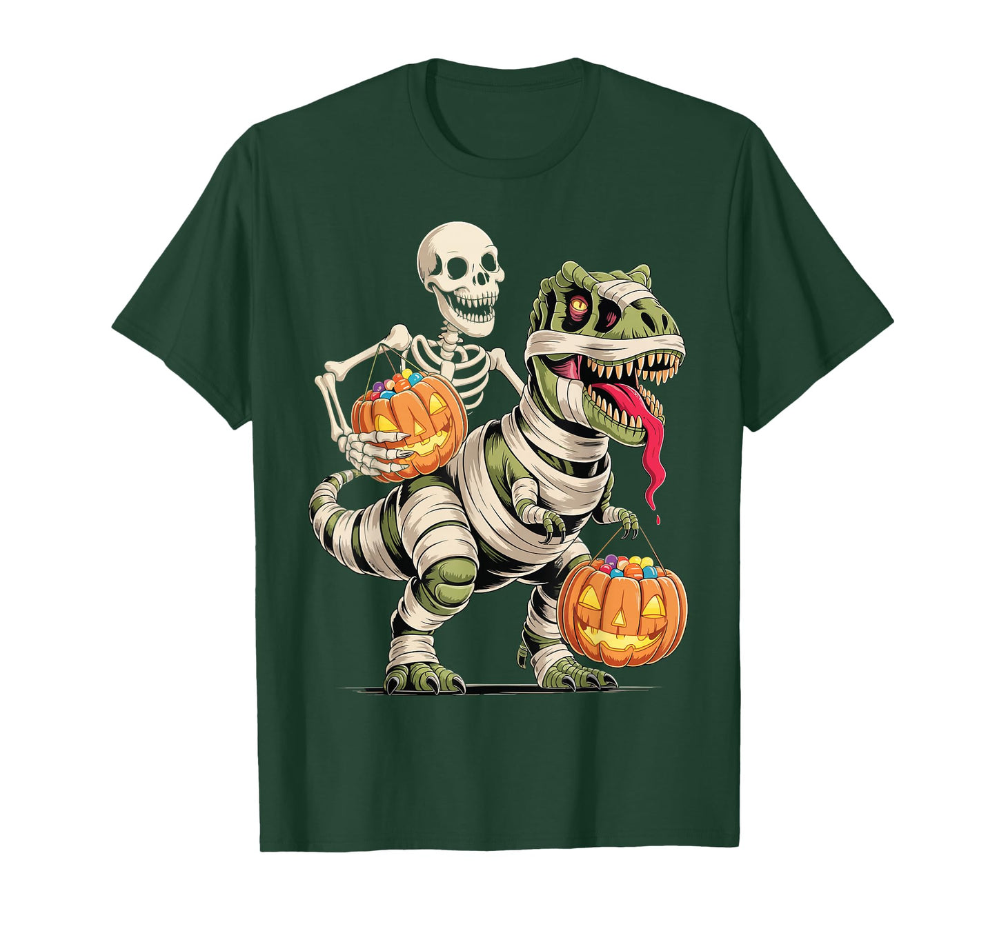 Skeleton Riding Mummy Dinosaur T Rex Funny Halloween T-Shirt