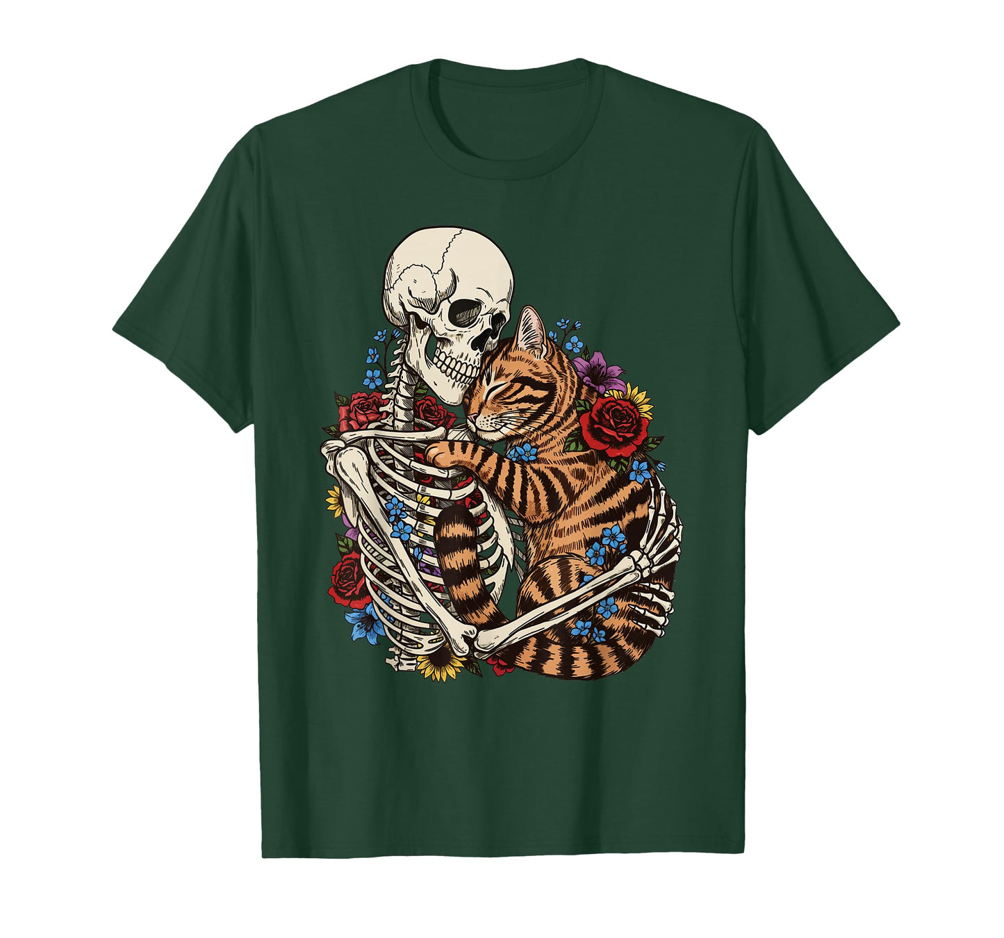 Skeleton Hugging Cat Halloween Cat Lover Flowers Men Women T-Shirt