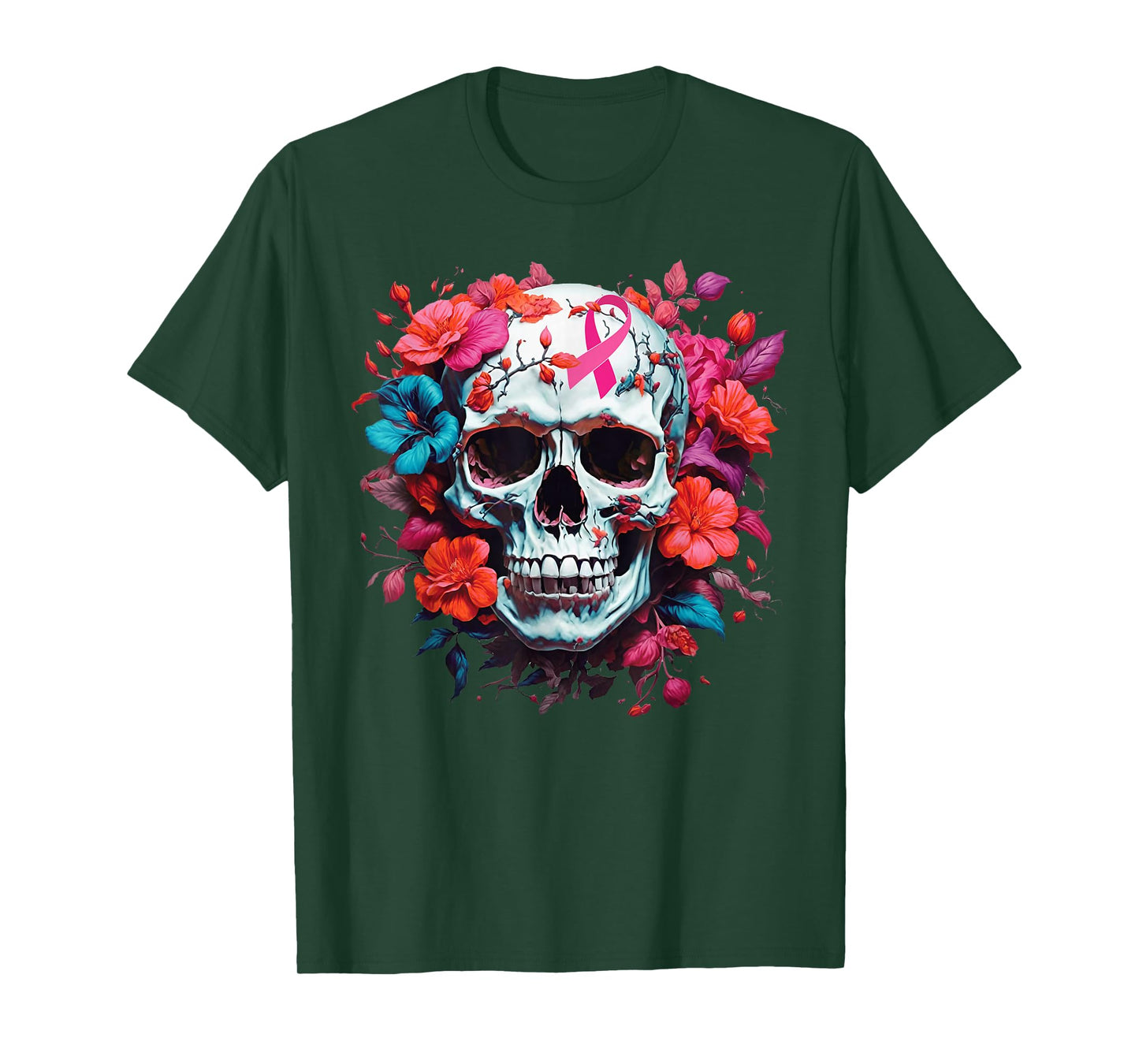 Breast Cancer Skull Shirt For Women Sugar Skull Pink Ribbon T-Shirt