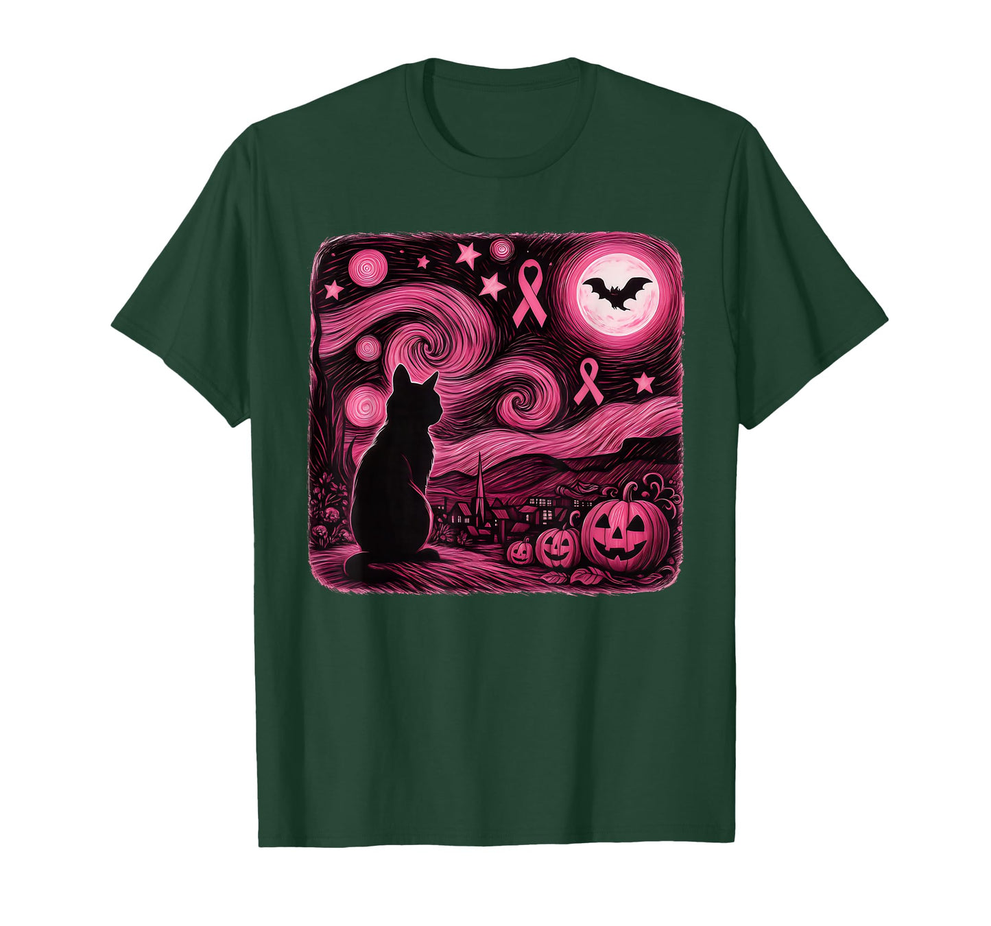 Pink Van Gogh Cat Halloween Breast Cancer Awareness Women T-Shirt