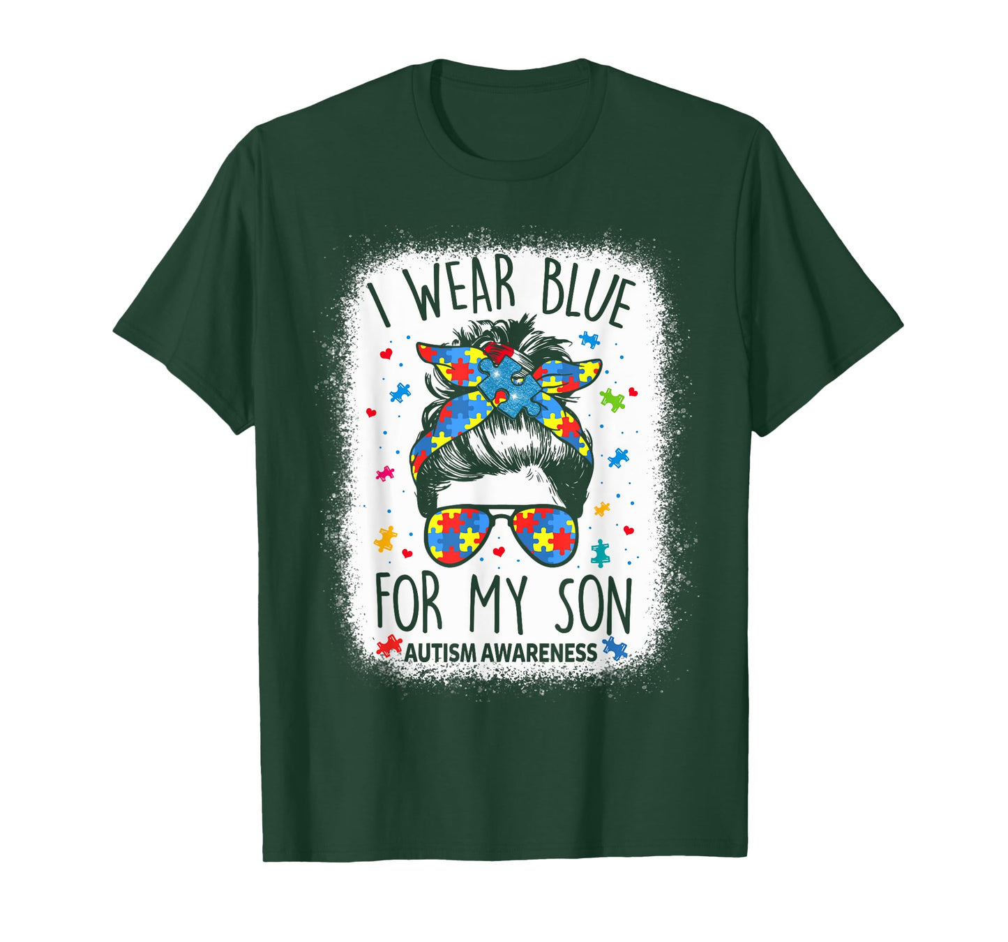 Autism Awareness shirt Mom Messy Bun I Wear Blue For My Son T-Shirt