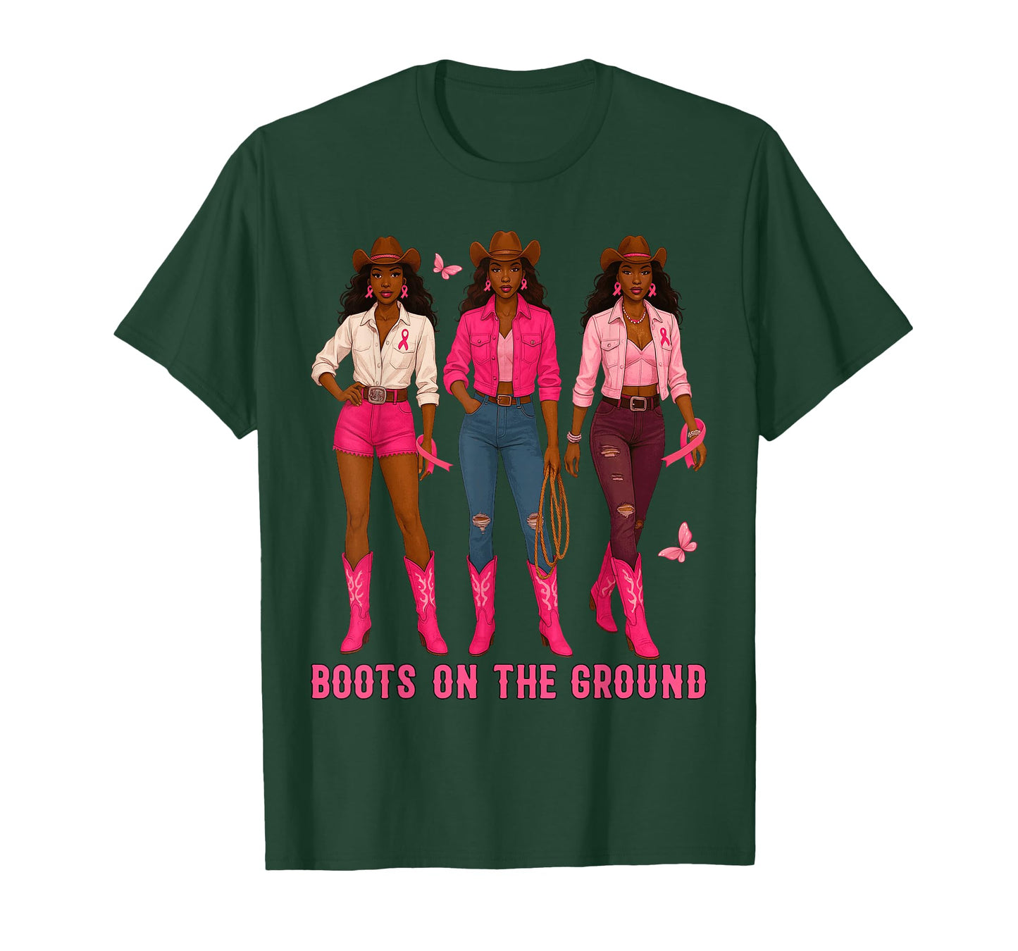 Boots On The Ground Pink Cowgirl Breast Cancer Western T-Shirt