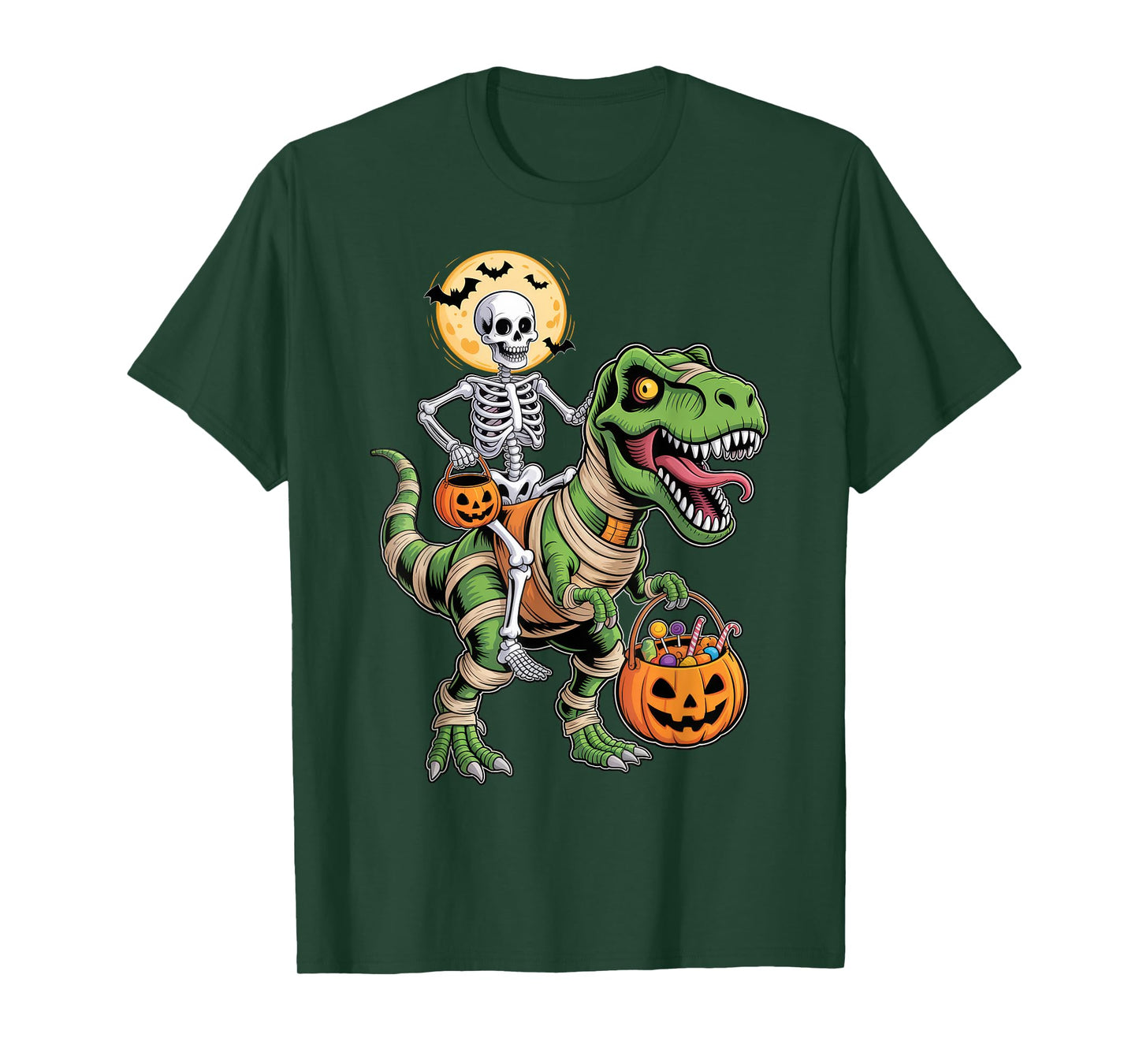 Skeleton Riding Mummy Dinosaur Pumpkin Spooky Trex Halloween T-Shirt