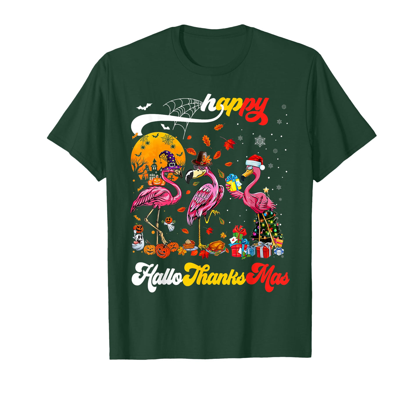 Flamingo Happy HalloThanksmas Funny Halloween Thanksgiving T-Shirt