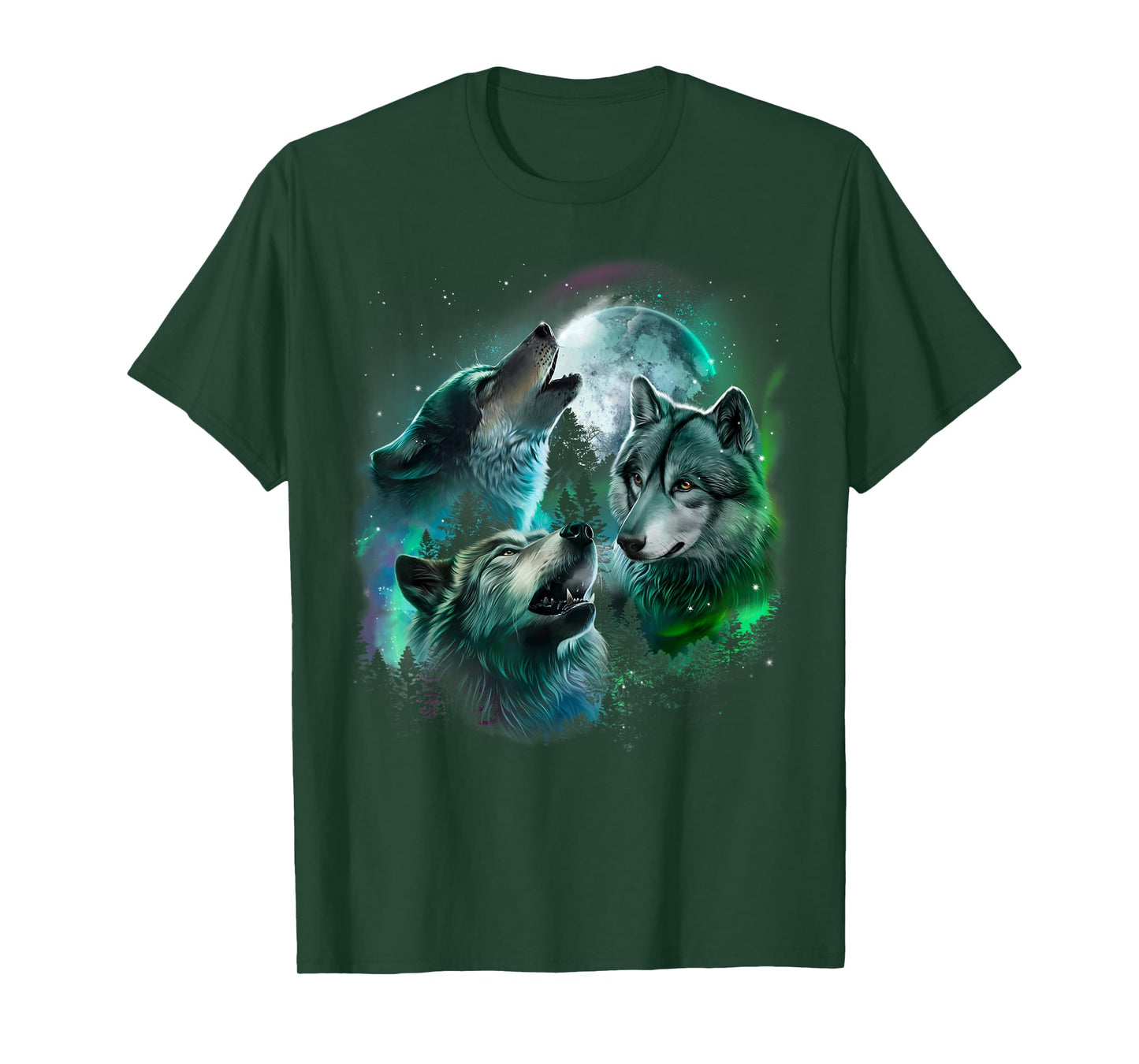 Grey Wolf Hunting in the Forest under Full Moon and Aurora T-Shirt