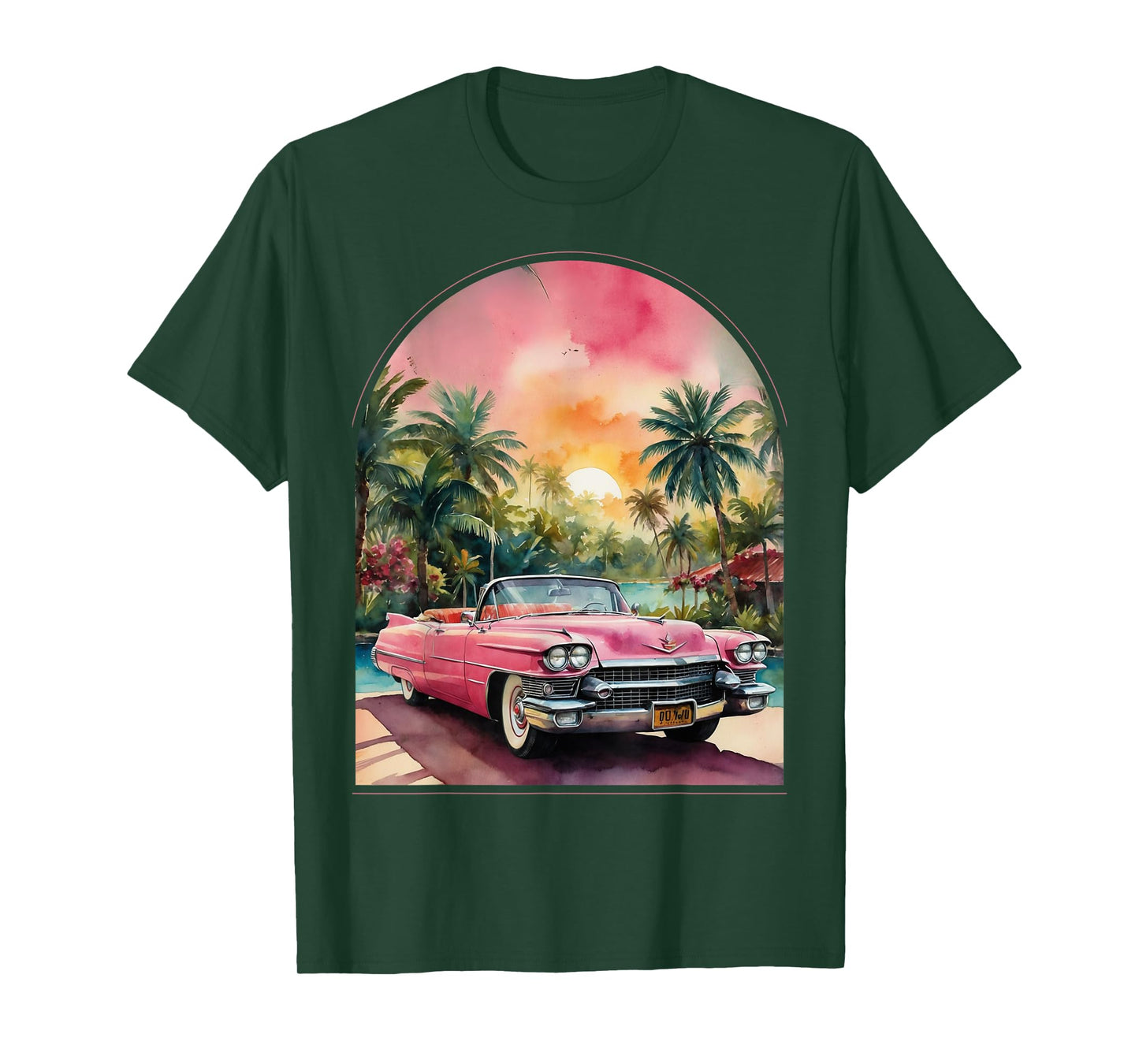 Old School Cadillac Pink | Watercolor | Palm Trees | Exotic T-Shirt