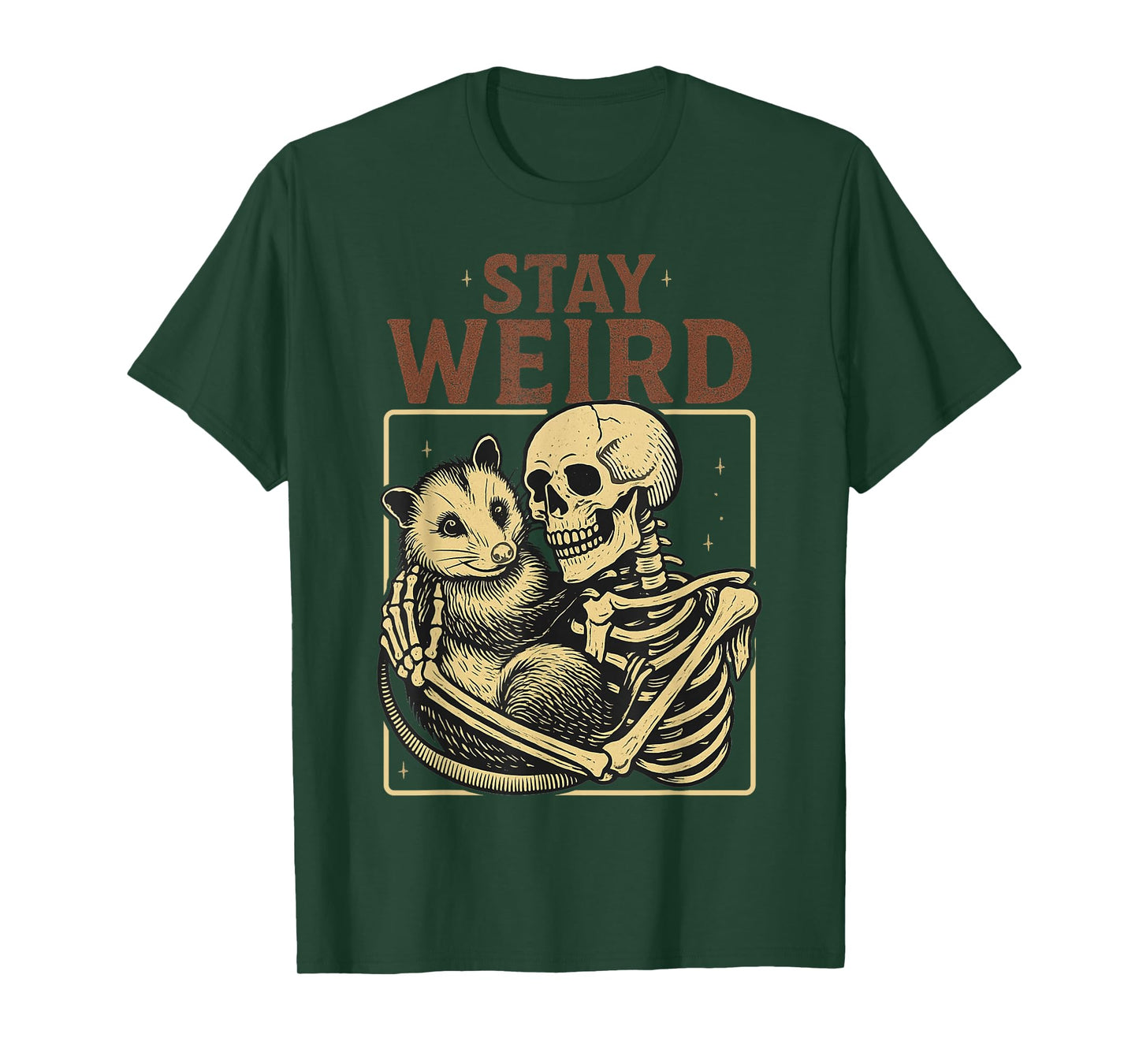 Skeleton Hugging Opossum Stay Weird Vintage Humor Possum T-Shirt
