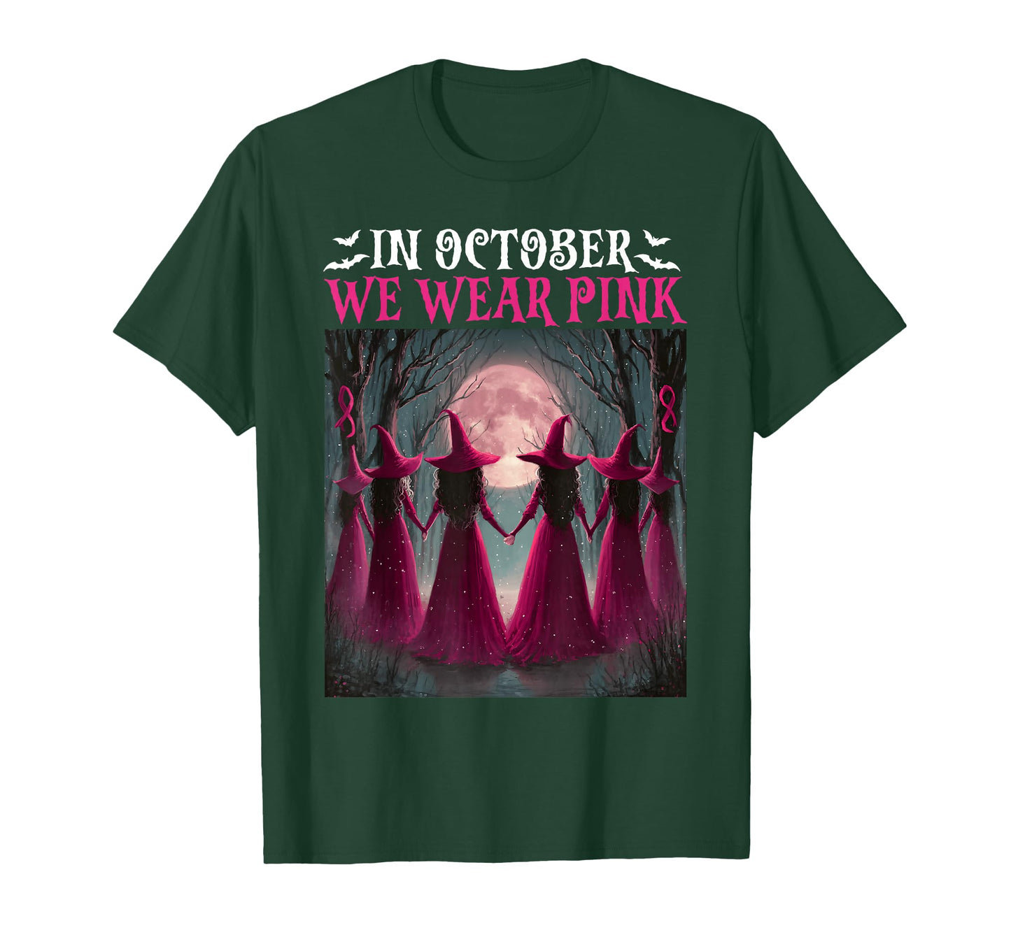 in October We Wear Pink Witch Women Halloween Breast Cancer T-Shirt