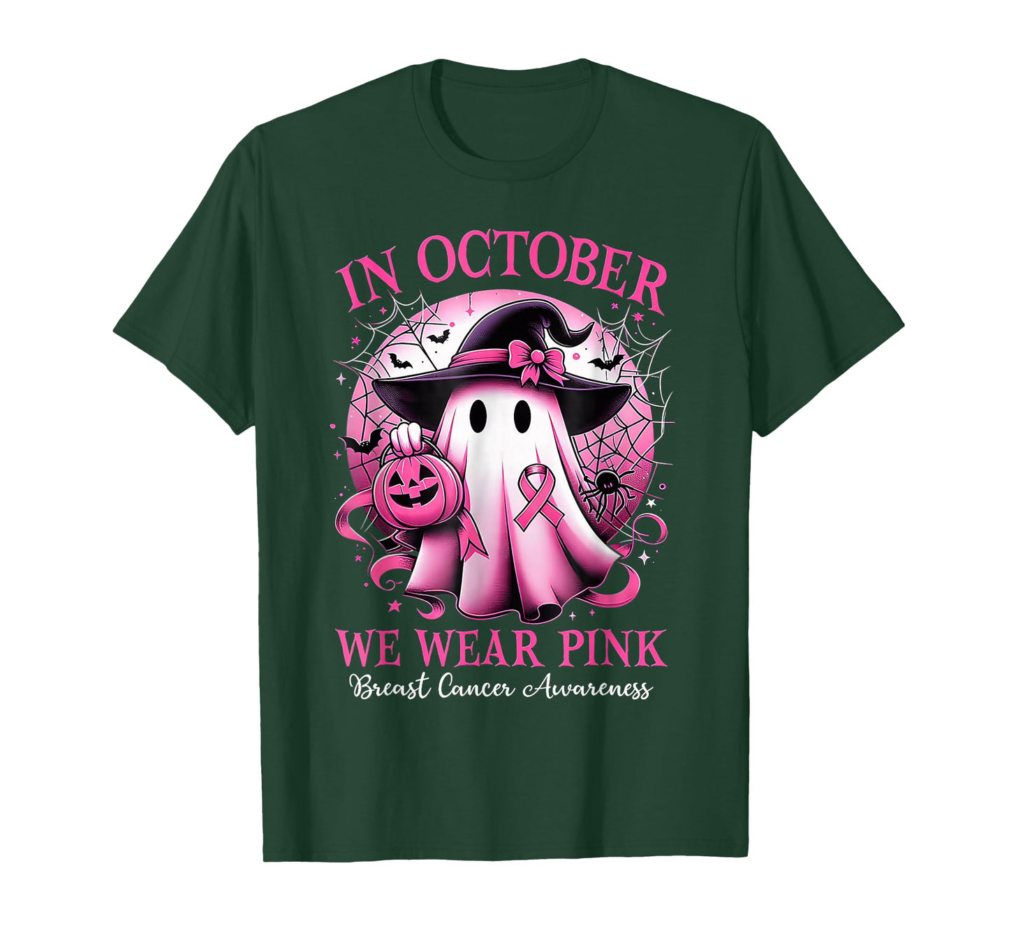 In October We Wear Pink Witch Ghost Breast Cancer Awareness T-Shirt
