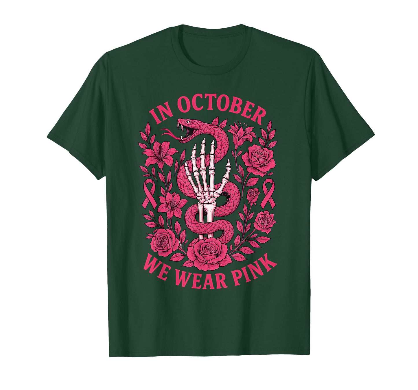 in October We Wear Pink Ribbon Snake Skeleton Hand Womens T-Shirt