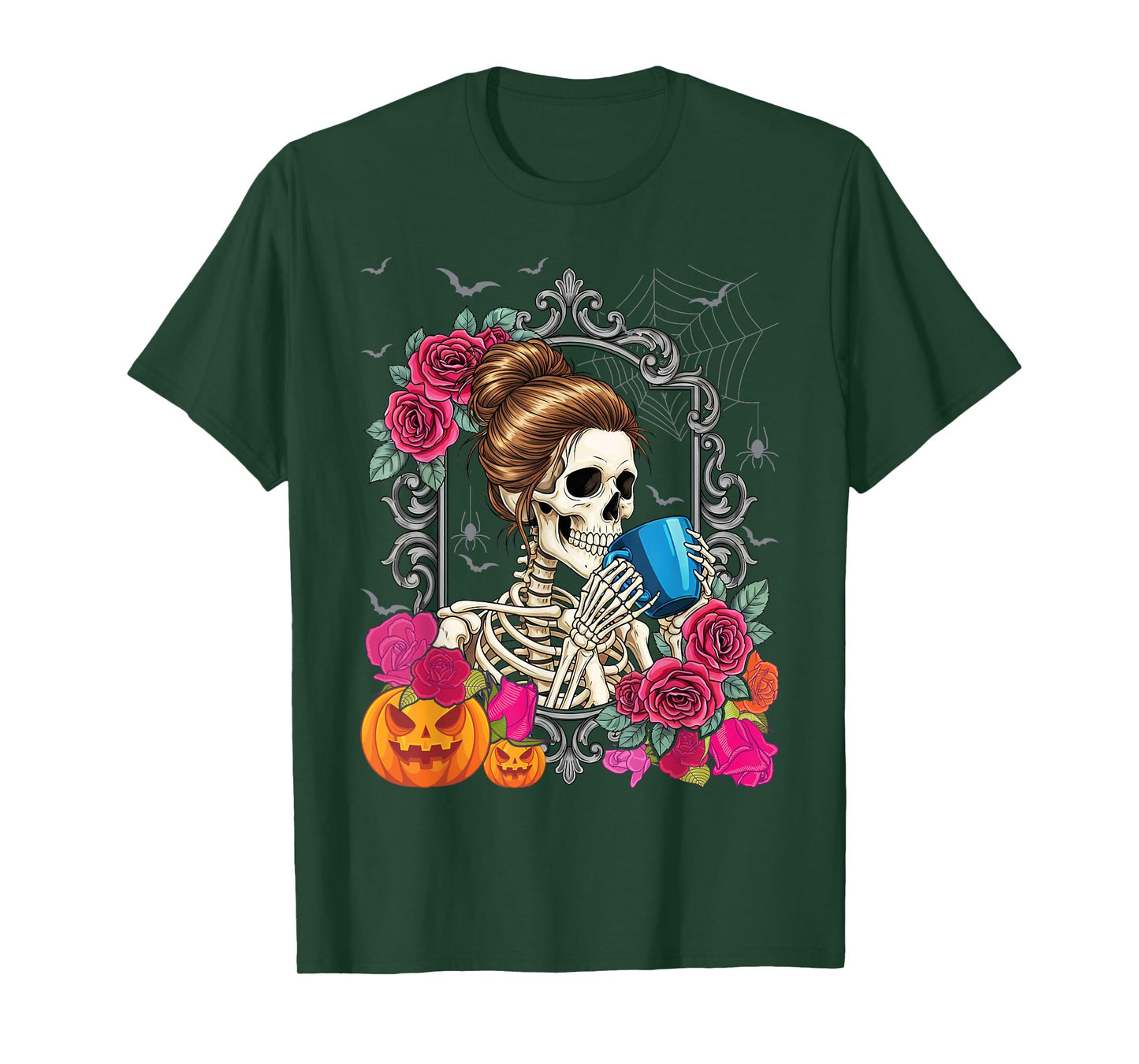 Messy Bun Skeleton Drinking Coffee Vintage Halloween Funny T-Shirt