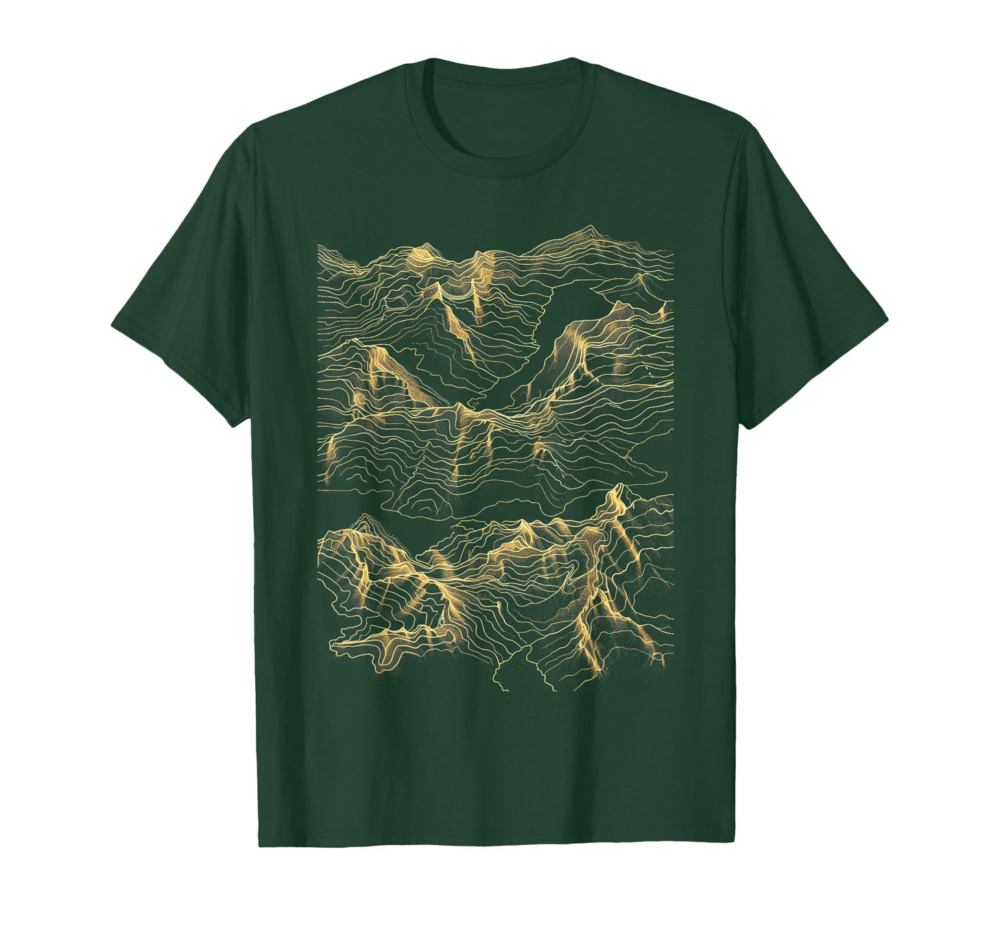 Mountain Range Abstract Art Minimalist Gold Lines T-Shirt - Unisex-Adults, Black, Small, Short Sleeve, Topographic Map, T-Shirt