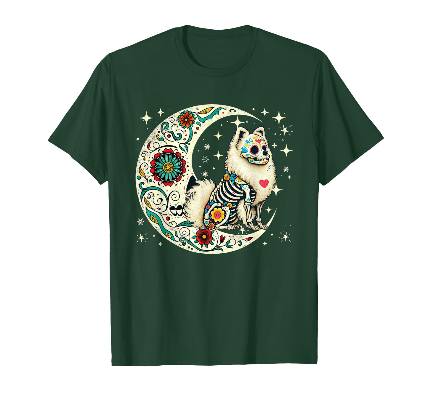 Dia De Los Muertos Halloween Moon Floral Skeleton Pomeranian T-Shirt