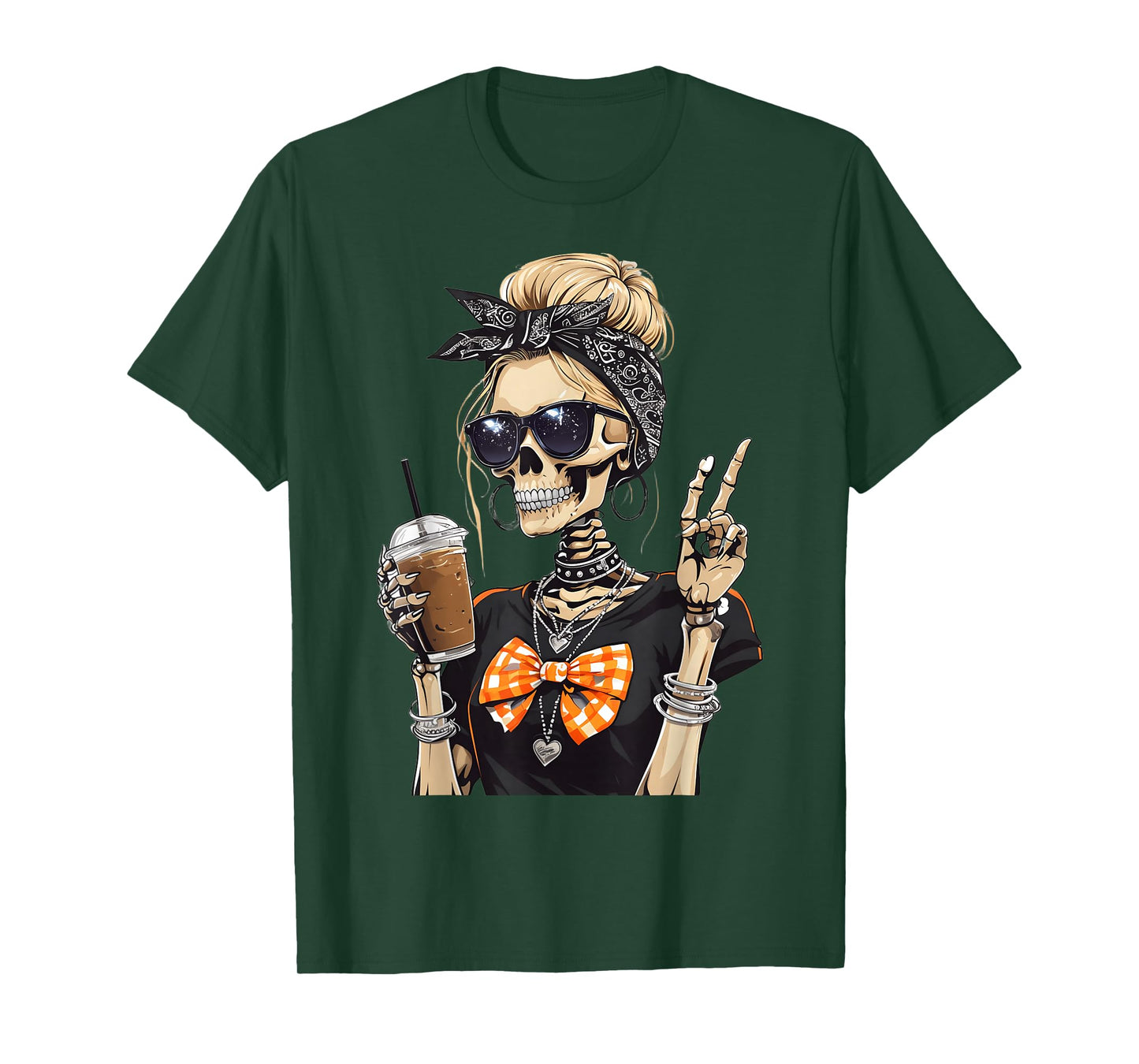 Skeleton Girl Drinking Coffee Peace Sign Graphic for Women T-Shirt