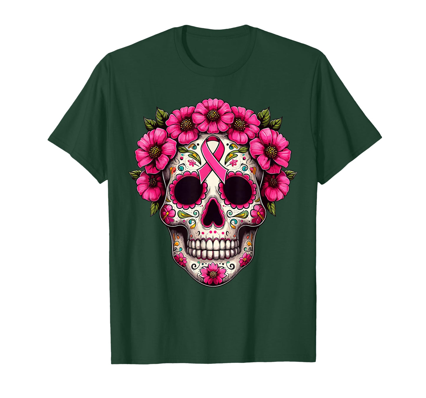 Sugar Skull Pink Ribbon Calavera Breast Cancer Awareness T-Shirt