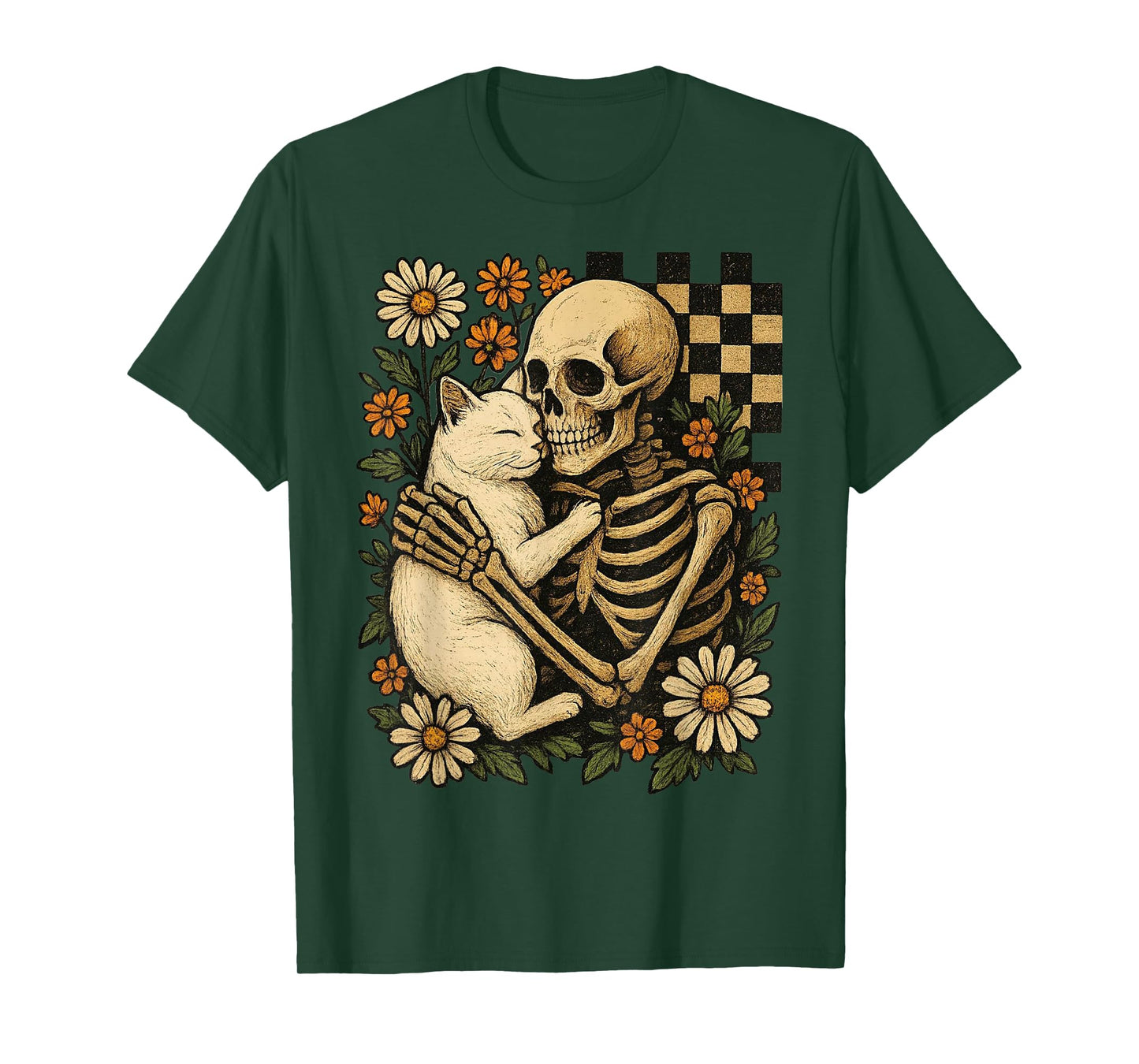 Vintage Skeleton Hugging Cat Gothic Floral Halloween Retro T-Shirt