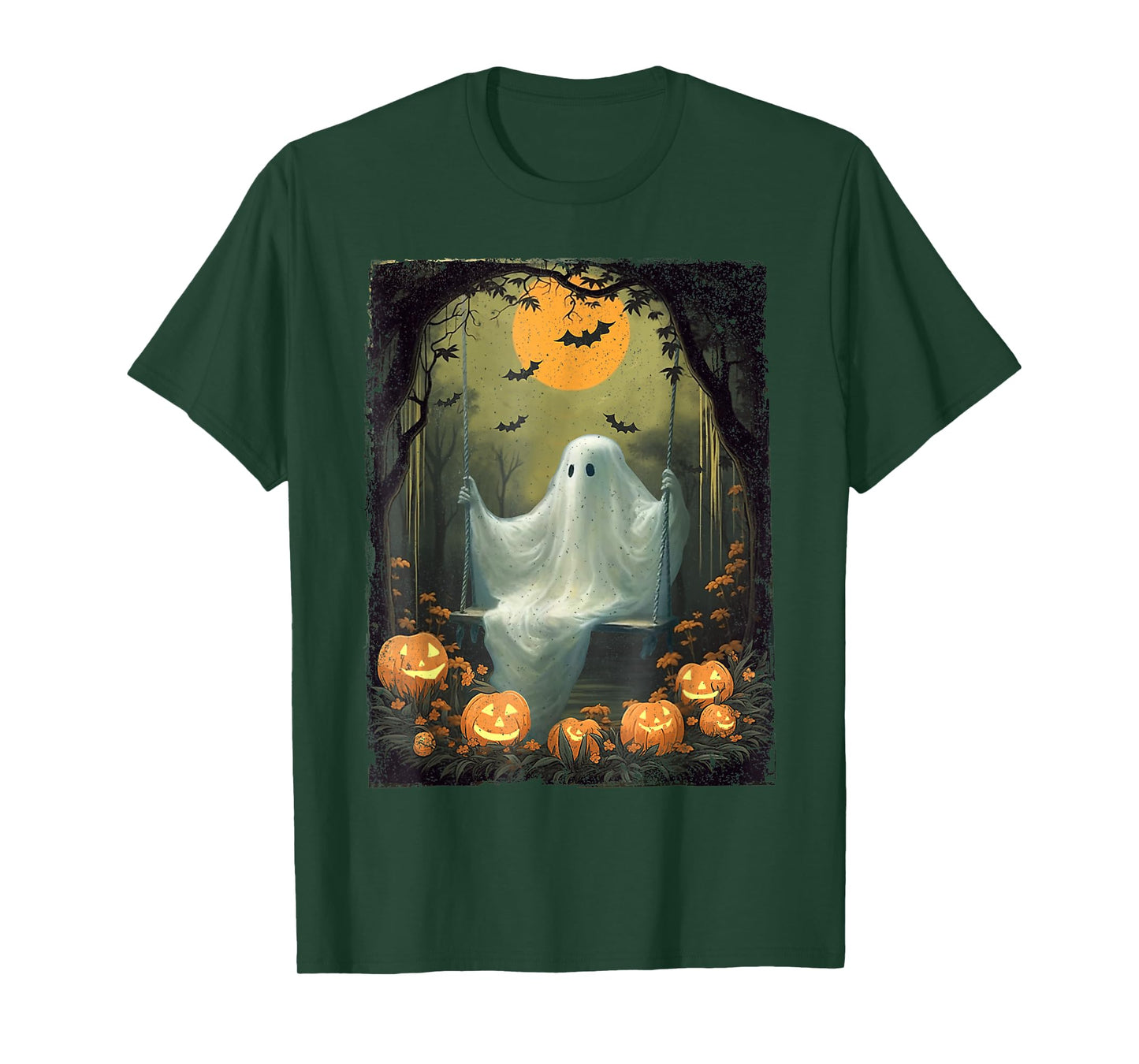 Vintage Floral Ghost On Swing In Forest Halloween Pumpkin T-Shirt