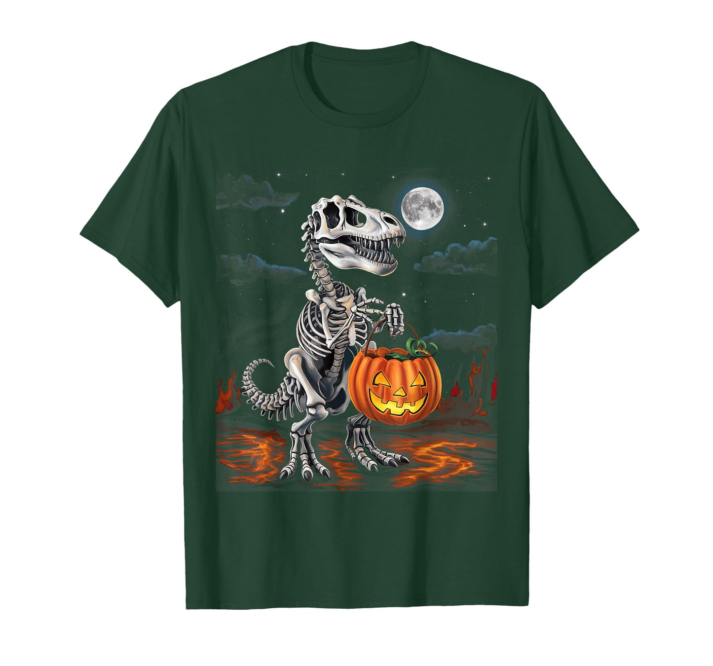 Dinosaur Skeleton T rex Scary Pumpkin Moon Boys Halloween T-Shirt