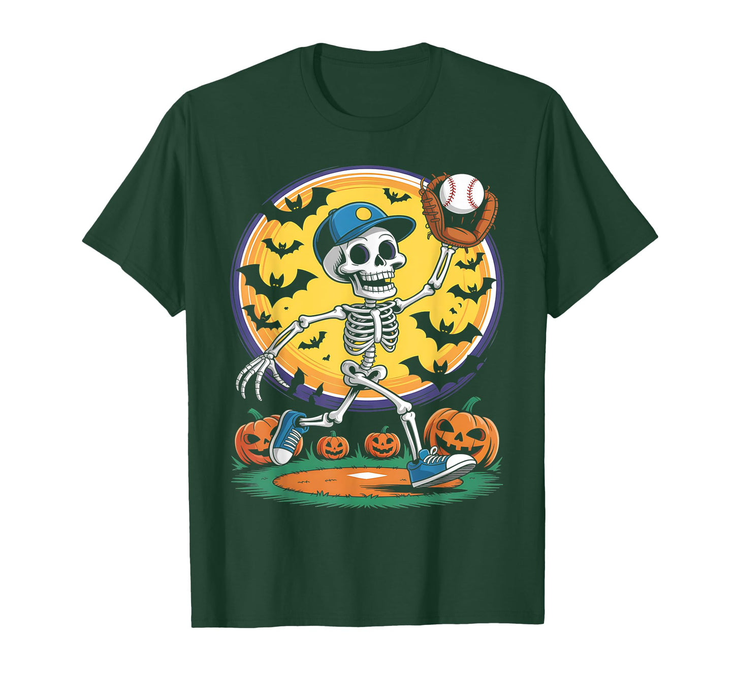 Baseball Skeleton Halloween Men Boys Baseball Spooky Season T-Shirt