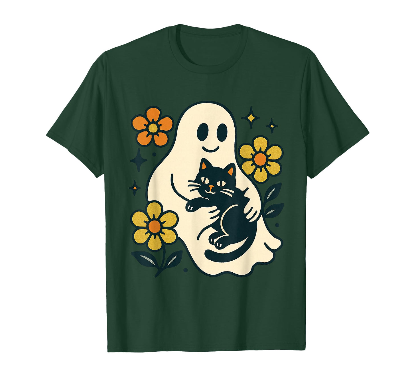 Vintage Halloween Ghost Holding Black Cat Groovy Floral T-Shirt