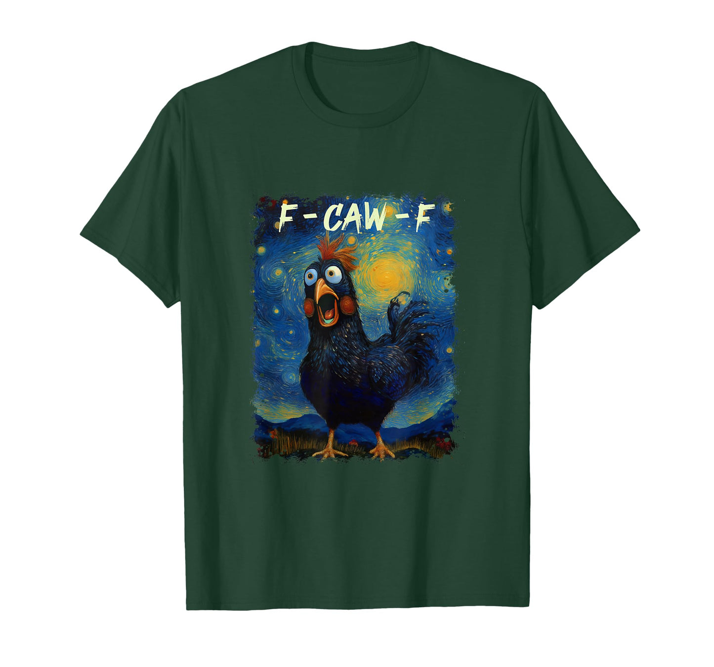 Funny F-CAW-F Black Chicken in Starry Night Van Gogh Style T-Shirt