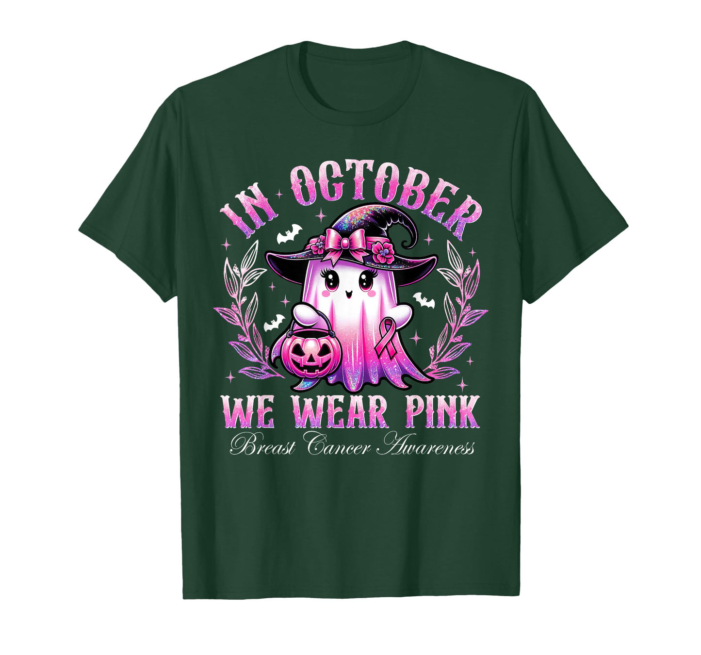 In October We Wear Pink Breast Cancer Awareness Ghost Witch T-Shirt